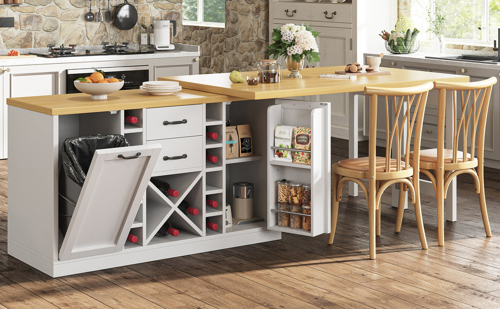 Extendable Sideboard & Dining Table Combo with Wine Rack,  Built-in Trash Bin Compartment and Side Doors with Snack Storage Racks, White