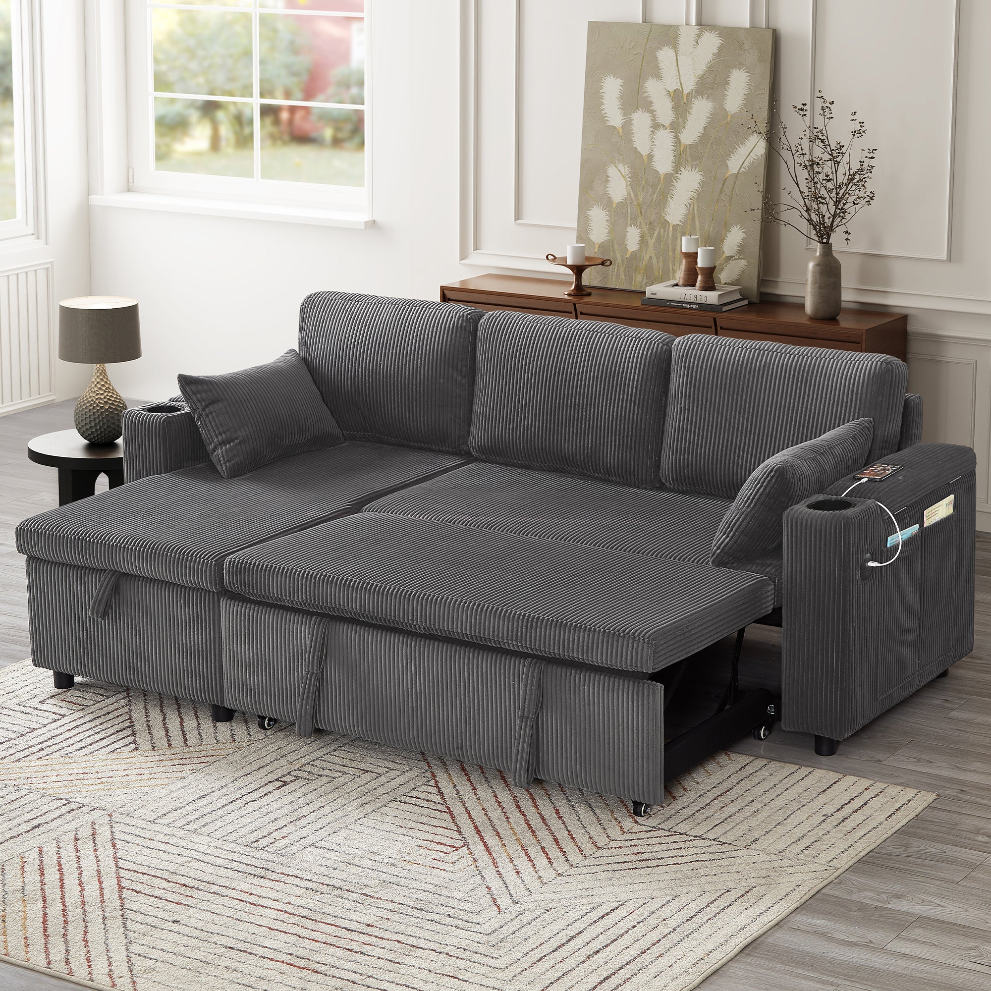 3 in 1 Convertible Corduroy Sofa Bed with Storage Chaise, L Shaped Sleeper Sofa Couches with Armrest Storage and Charging Station. Pullout Sectional Daybed for Living Room/Bedroom/Office, Grey