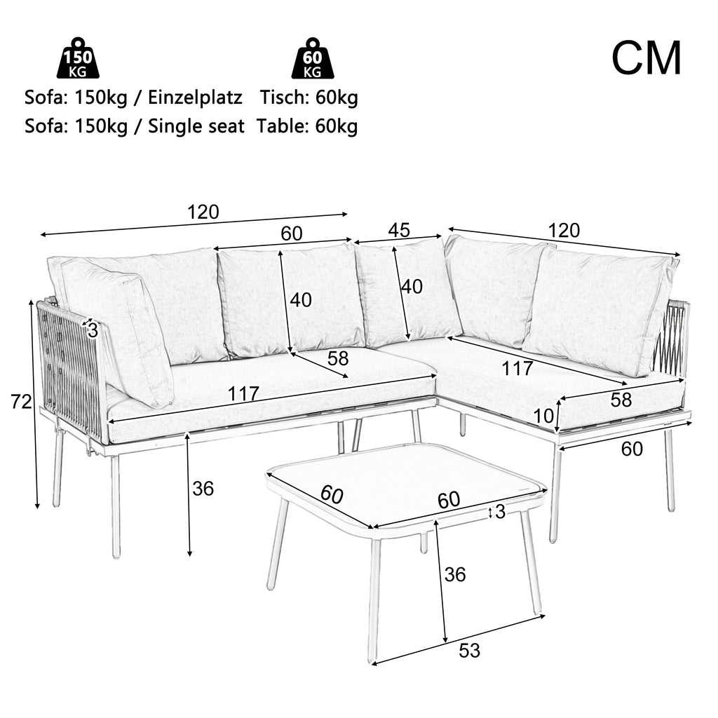Outdoor Patio&Backyard Furniture Garden Lounge Set for 4-5 people, Thick Quality Space Saving L-Shaped Corner Sofa with Glass Coffee Table, Grey