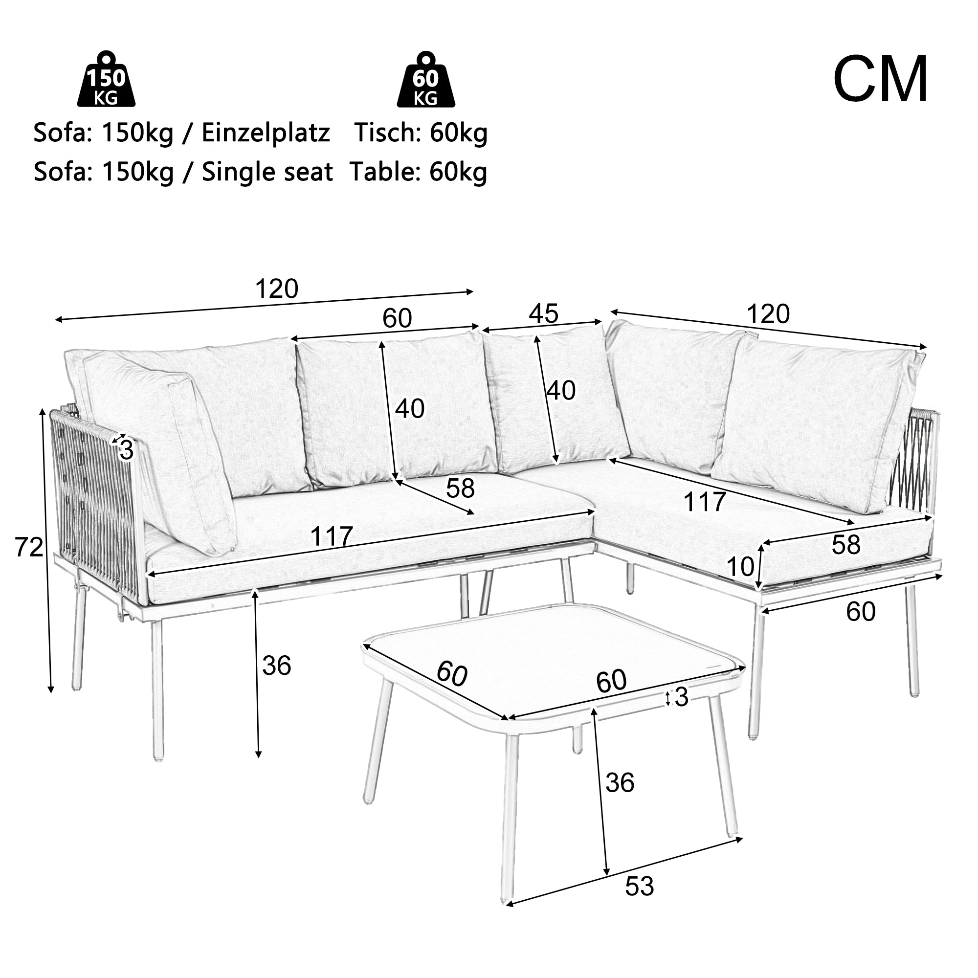 Outdoor Patio&Backyard Furniture Garden Lounge Set for 4-5 people, Thick Quality Space Saving L-Shaped Corner Sofa with Glass Coffee Table, Grey