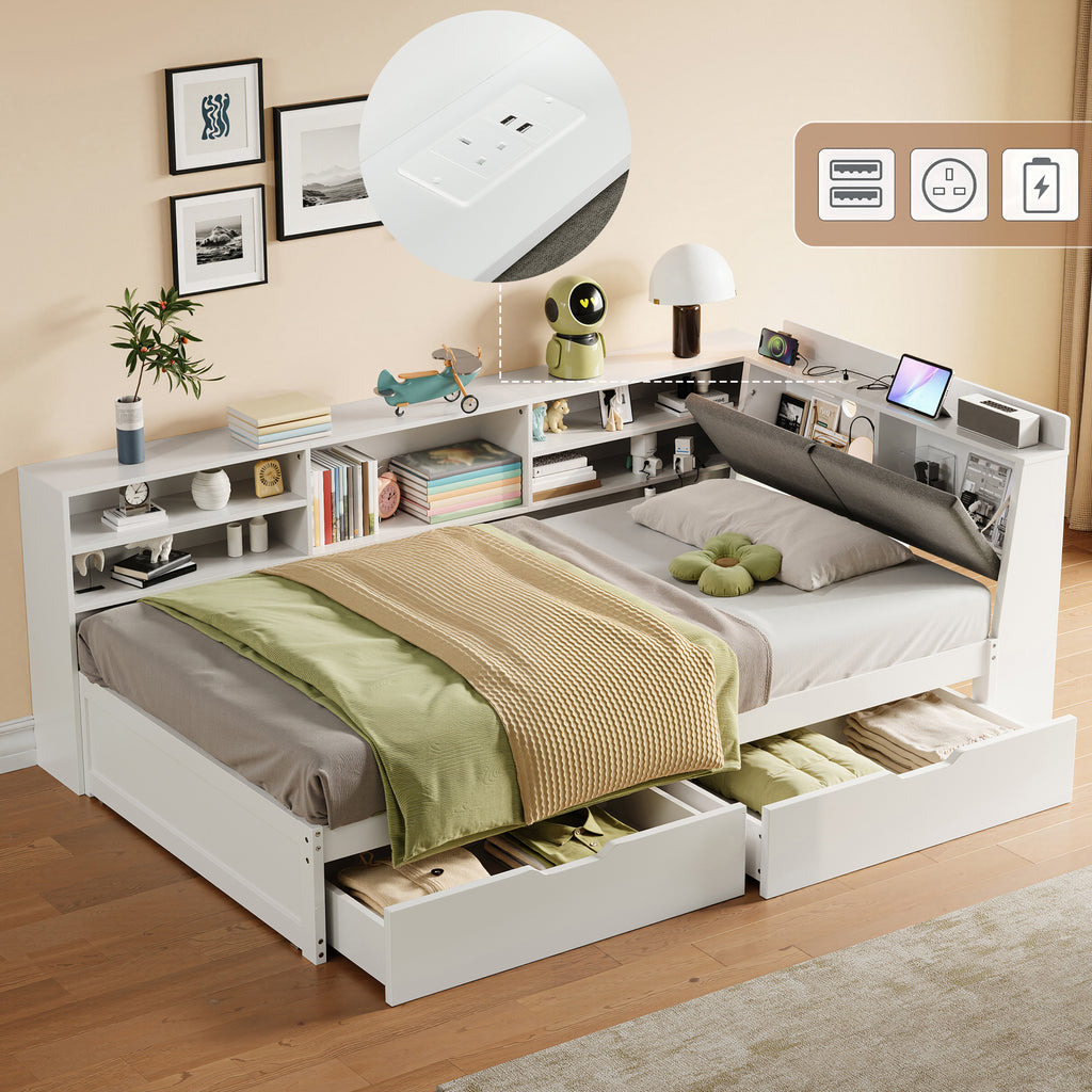3ft Single L-Shape Daybed with Two Storage Drawers and Bookcase Storage, Linen Concealed Headboard Storage with Charging Station, Wood Bed for Living Room/ Bedroom/ Study Room, White (No Mattress)