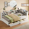 3ft Single L-Shape Daybed with Two Storage Drawers and Bookcase Storage, Linen Concealed Headboard Storage with Charging Station, Wood Bed for Living Room/ Bedroom/ Study Room, White (No Mattress)