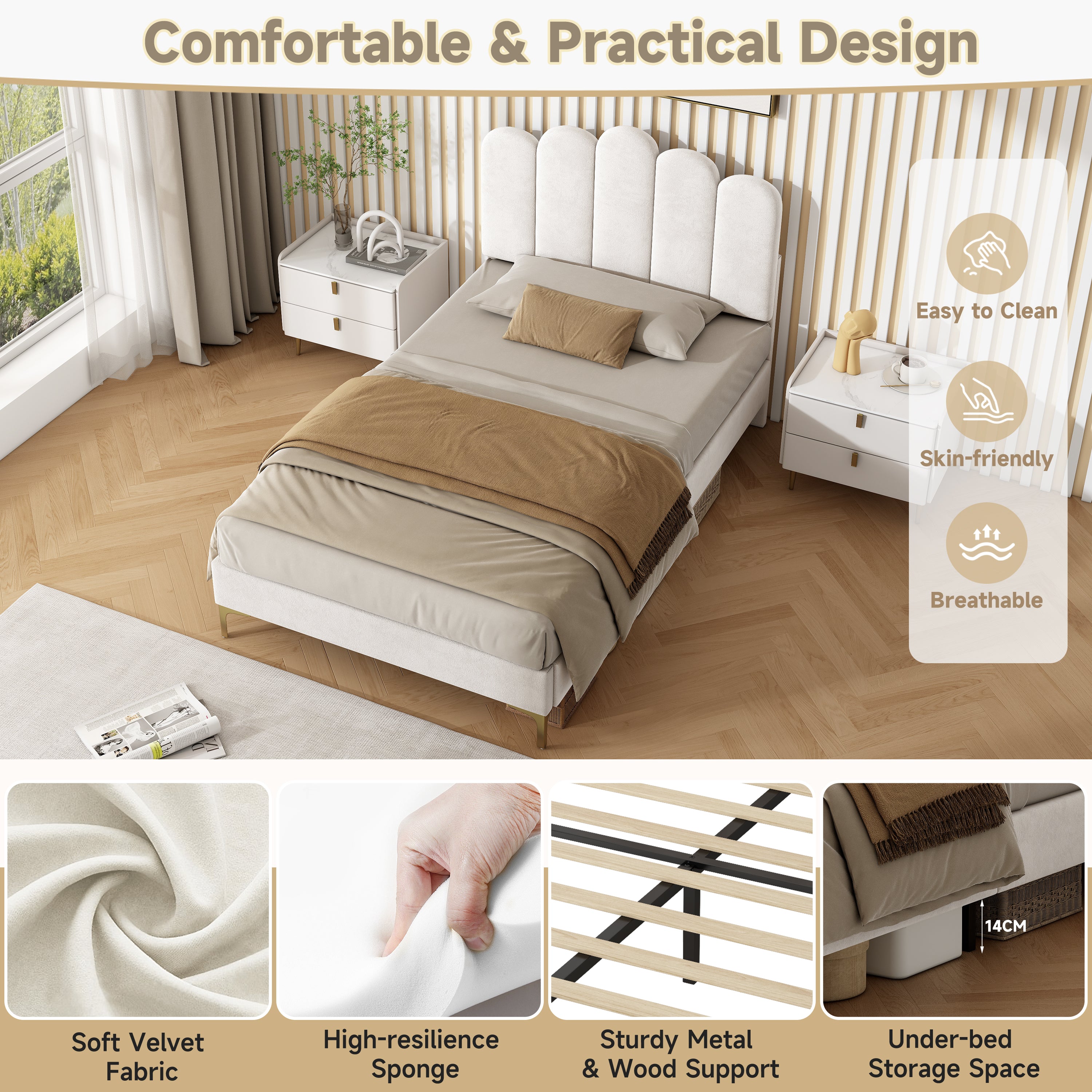 3ft Single  Premium Velvet Upholstered Bed Frame with Scalloped Channel Tufted Design, Height Adjustable Headboard & Gold Metal Feet, Under-bed Storage Space, No Box Spring Needed, Beige (No Mattress)