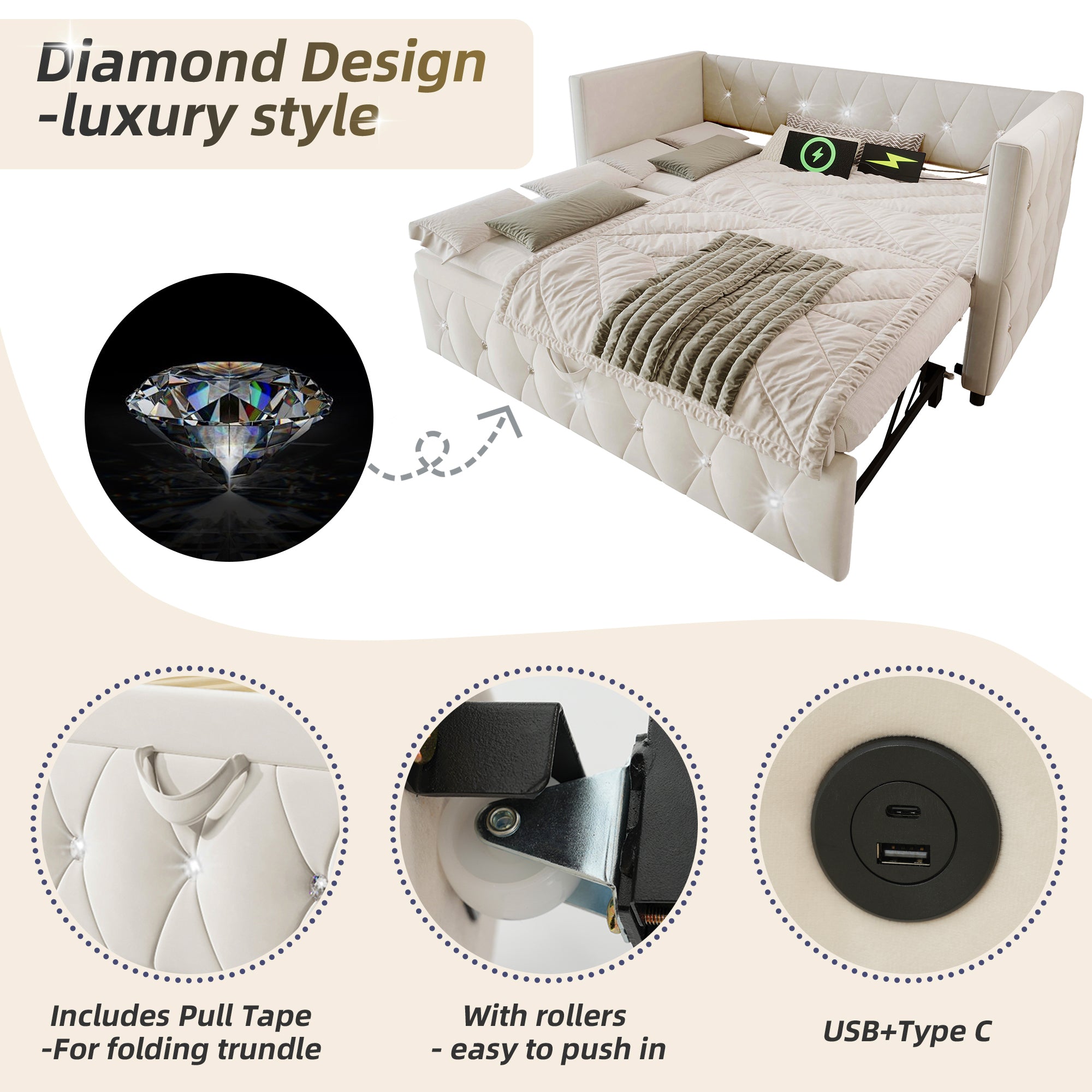 Daybed Single Upholstered Bed Sofa Bed with USB &Type C Charging Sations, 3FT Single Bed 90x190cm with Trundle ,Pull out Trundle for Living Room and Bedroom,Velvet ,Beige