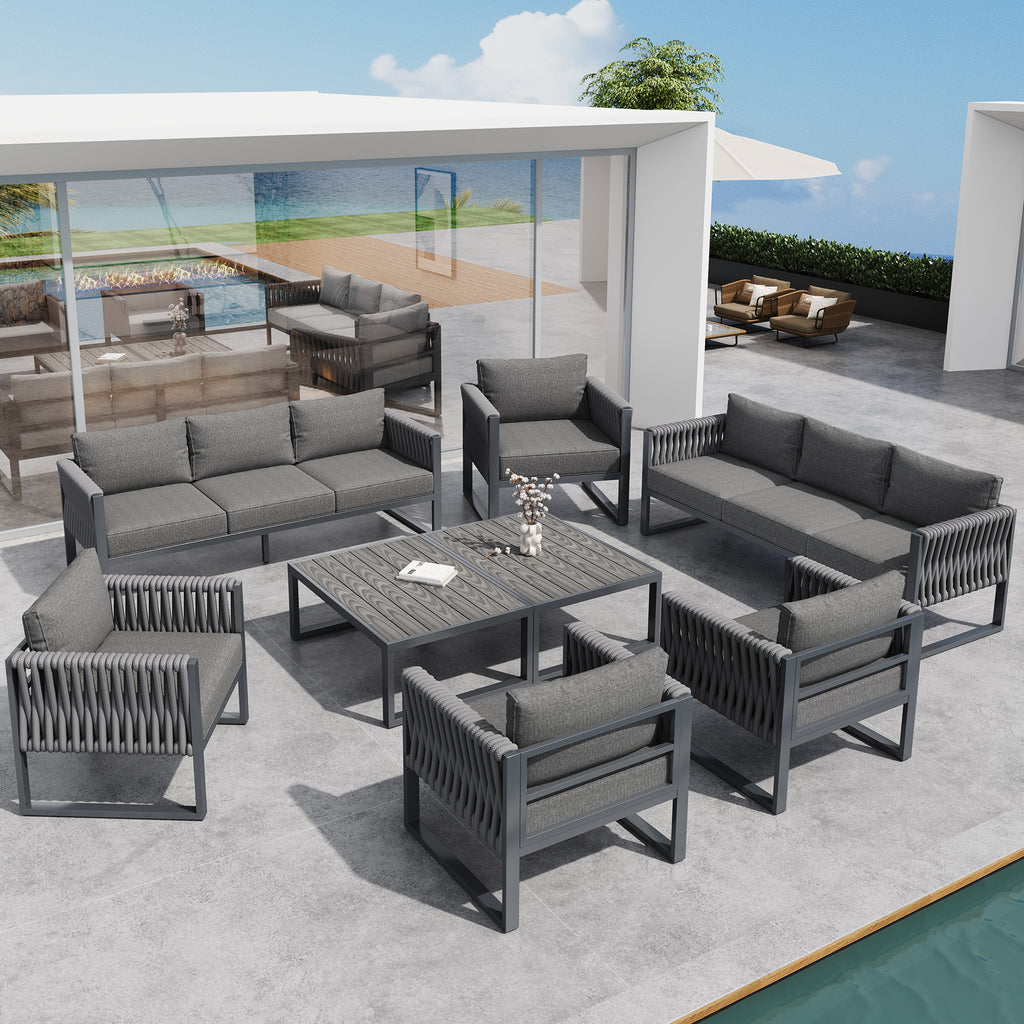 Garden Furniture Set Outdoor Sofa 5-Seater, Garden Lounge Set with Adjustable Feet, Cushions and Stainless Metal Frame for Balcony Terrace, Gray