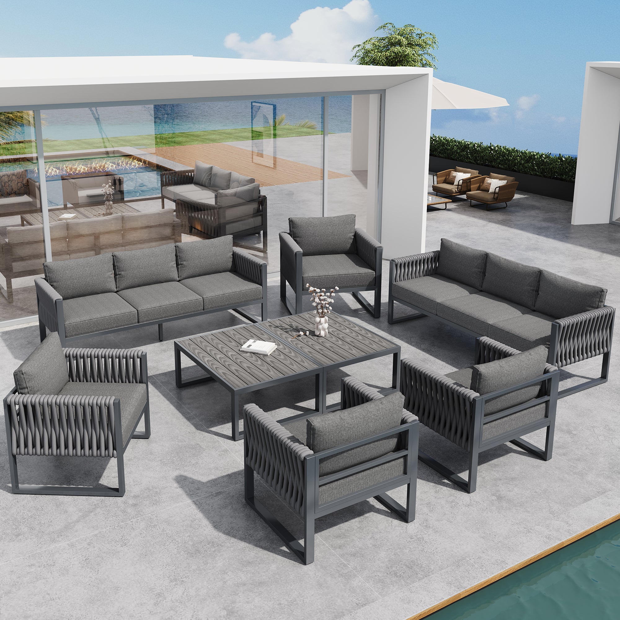 Garden Furniture Set Outdoor Sofa 5-Seater, Garden Lounge Set with Adjustable Feet, Cushions and Stainless Metal Frame for Balcony Terrace, Gray