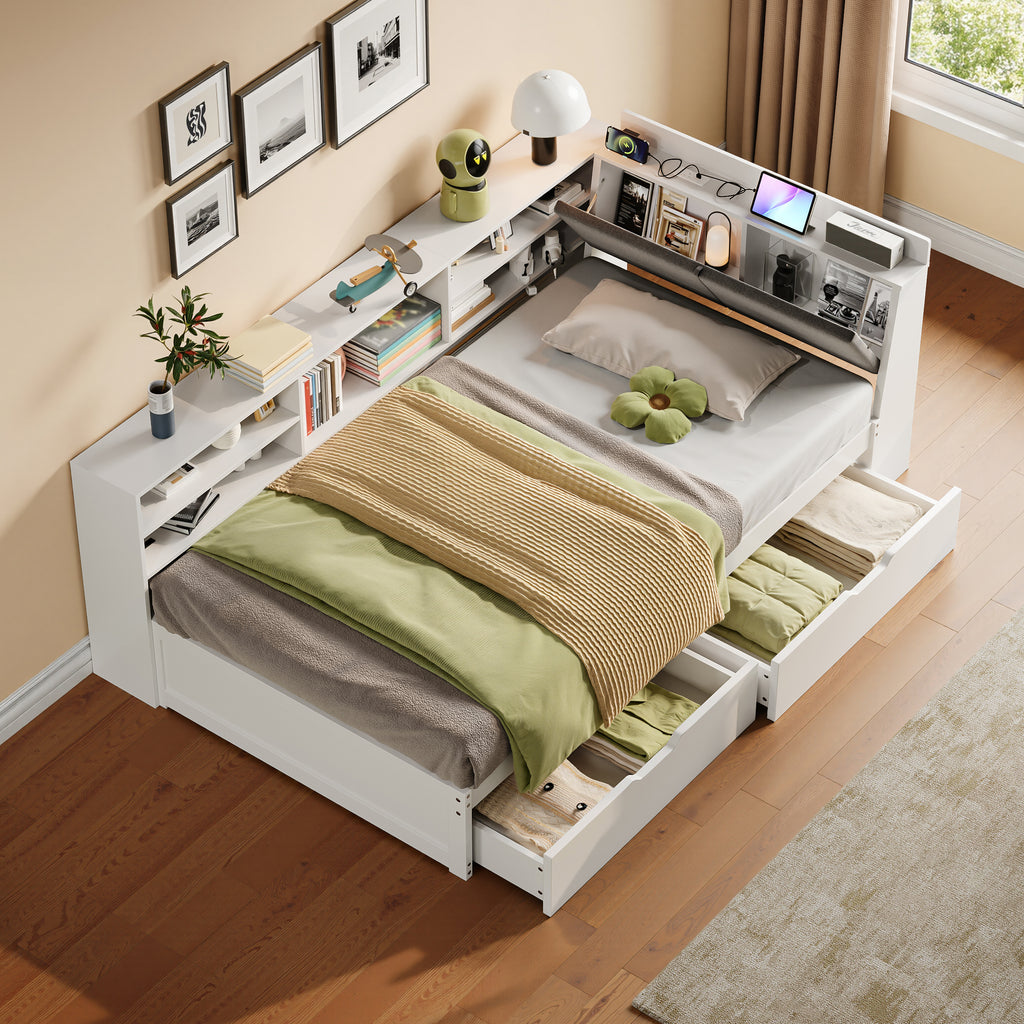 3ft Single L-Shape Daybed with Two Storage Drawers and Bookcase Storage, Linen Concealed Headboard Storage with Charging Station, Wood Bed for Living Room/ Bedroom/ Study Room, White (No Mattress)