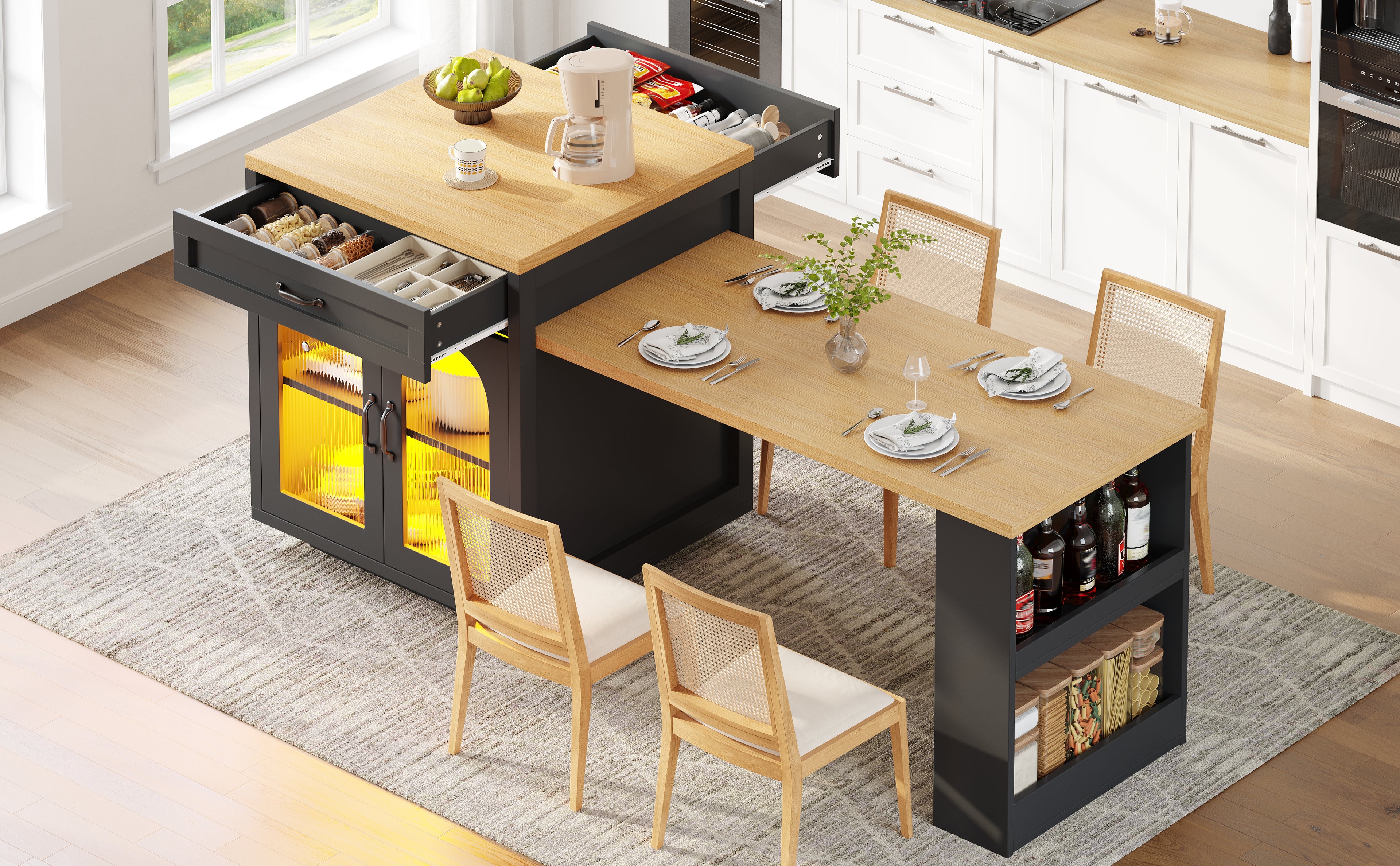 Extendable Kitchen Island with LED Lighting, Modern Storage Cabinet with 2 Drawers & Adjustable Shelves, Kitchen Sideboard with Fluted Glass Doors, MDF Kitchen Countertop for Dining Room