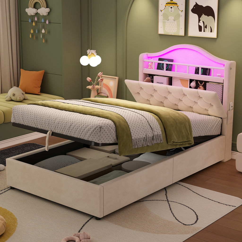 3ft Single Hydraulic Bed in Velvet, LED Bed Frame with Charging Station & Diamond Tufted Headboard, Multi-zone Storage, Solid & Stable Base,Beige (No Mattress)