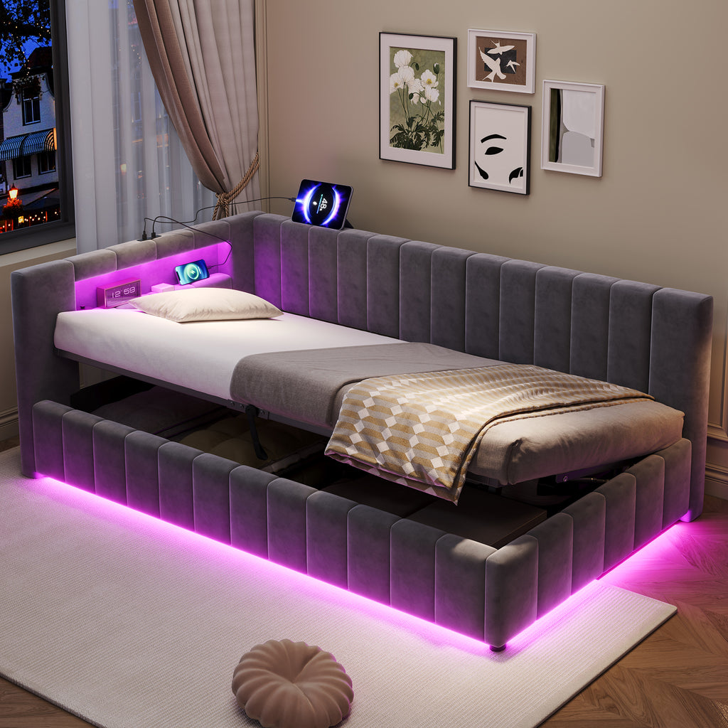3ft Single Velvet Side Hydraulic Storage Bed with Smart RGB LED Lights & Charging Station, Side Opening Ottoman Bed Frame with Type-C & USB Ports, Channel Tufted, Grey(No Mattress)