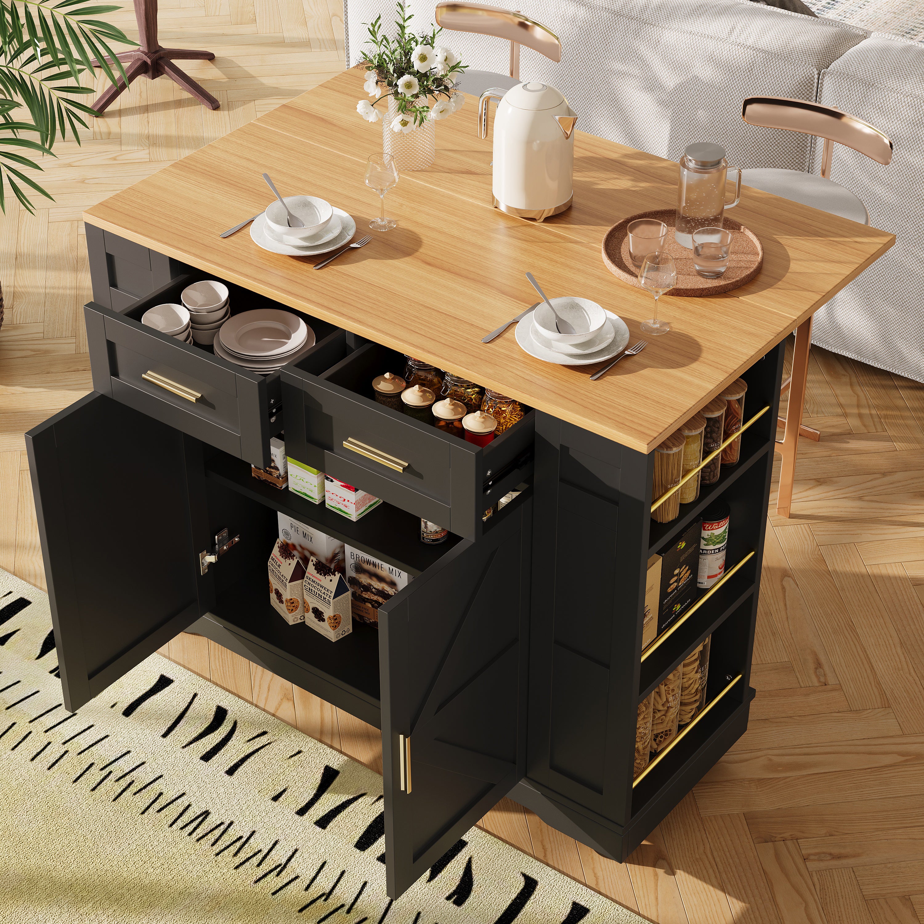 Kitchen Island on Wheels, Rolling Island Cart with 2 Drawers and Double-Sided Storage Racks, Storage Cabinet with Foldable Worktop, Mobile Carts, Portable Trolley for Home and Kitchen, Black