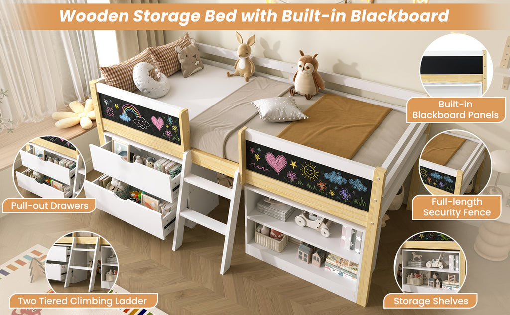 3ft Single Low Loft Bed with Blackboard, Modern Wood Bed Frame with Drawers and Storage Shelves, Under-bed Space, Modern Bed with Safety Guardrail, Saving-space Design, White (No Mattress)