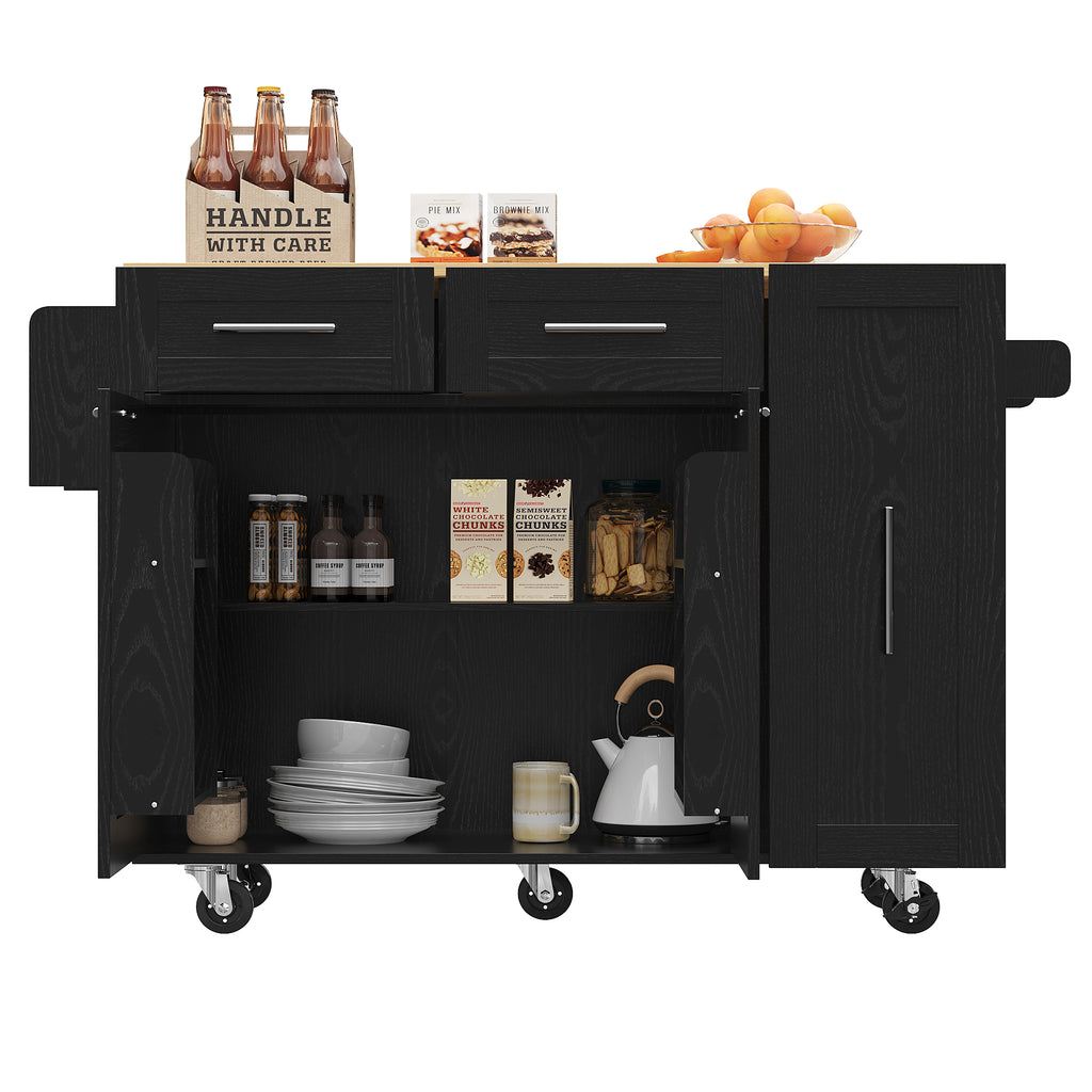 Modern kitchen island, kitchen cabinet, buffet cabinet, dining cart with wood grain, dining table with storage space, dining cart with snack shelves and stretch function cabinets, black