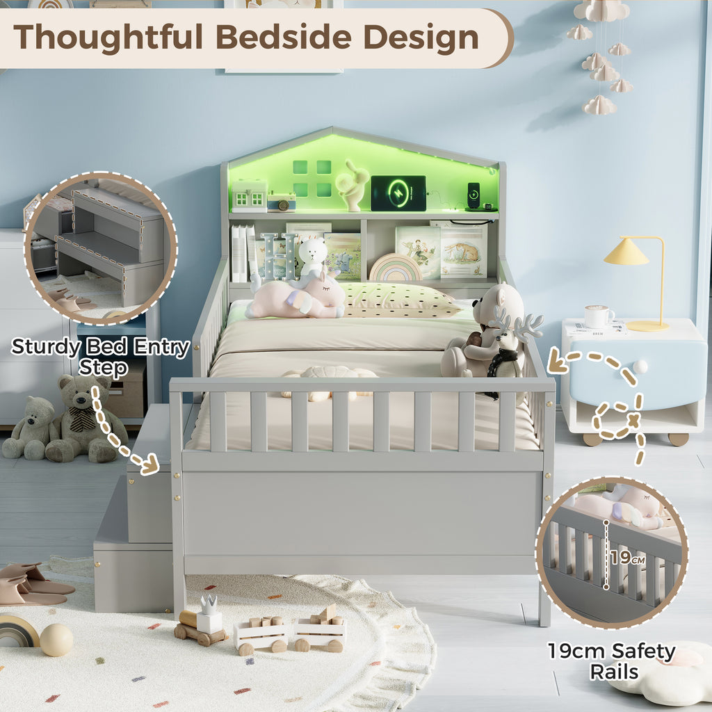 3ft Single Wooden Bed Frame, LED Lighting, Headboard Storage & Drawers, USB Charging Port, Safety Rails & Step Stool, Easy Assembly, Grey (No Mattress)