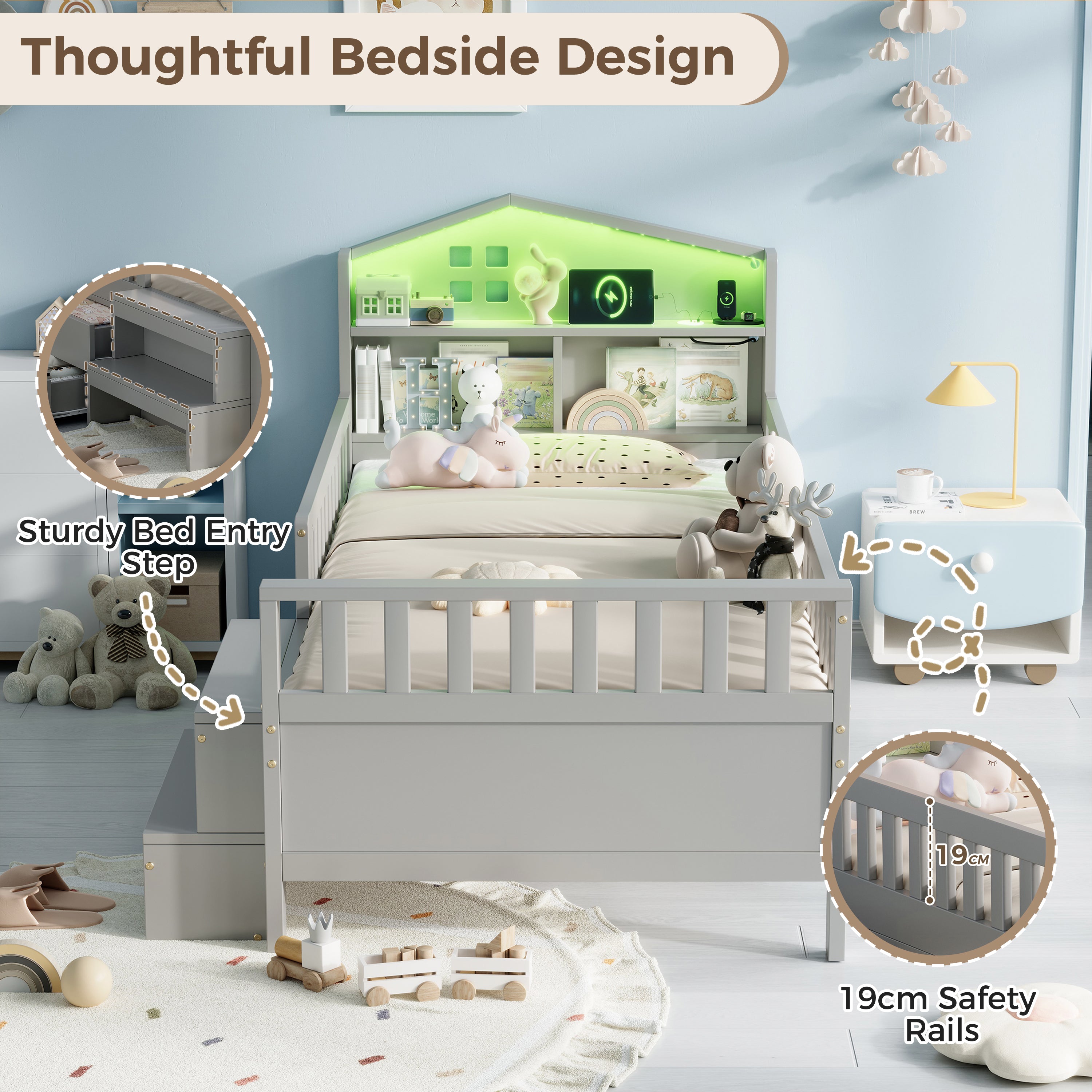 3ft Single Wooden Bed Frame, LED Lighting, Headboard Storage & Drawers, USB Charging Port, Safety Rails & Step Stool, Easy Assembly, Grey (No Mattress)