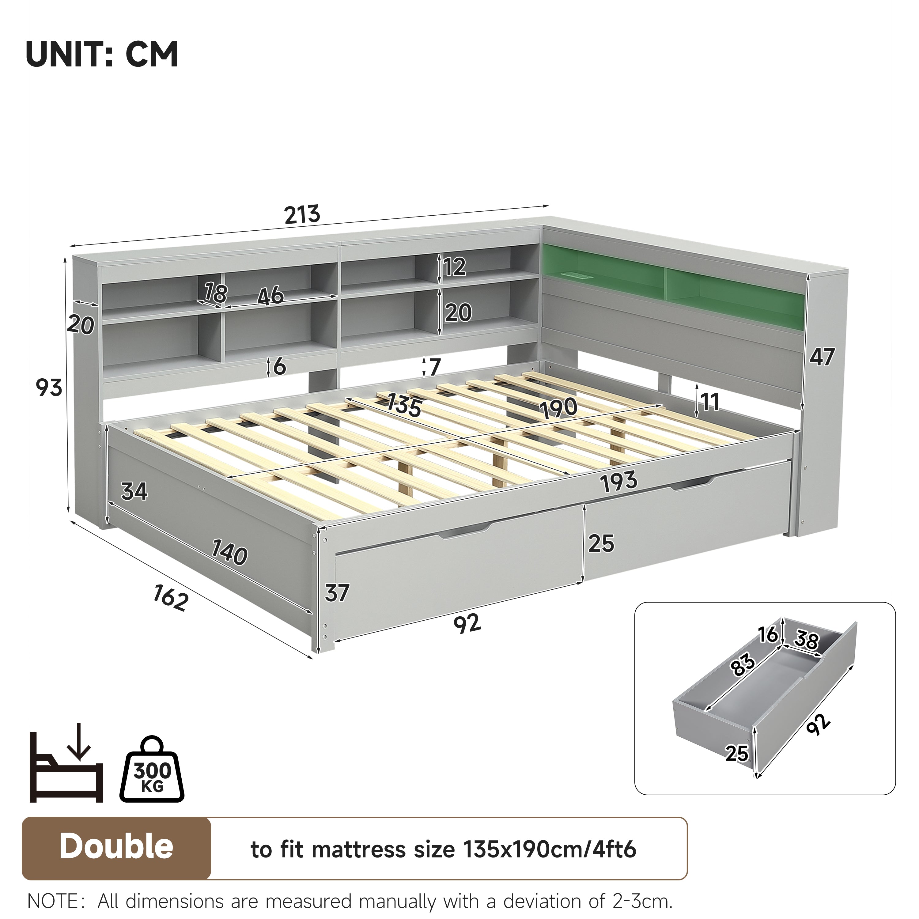 4ft6 Double Daybed with Two Storage Drawers and Beside Storage, LED Modern Bed frame with Charging Station, Wood Bed for Living Room/ Bedroom/ Study Room, 135X190cm, Easy Assembly, Grey (No Mattress)