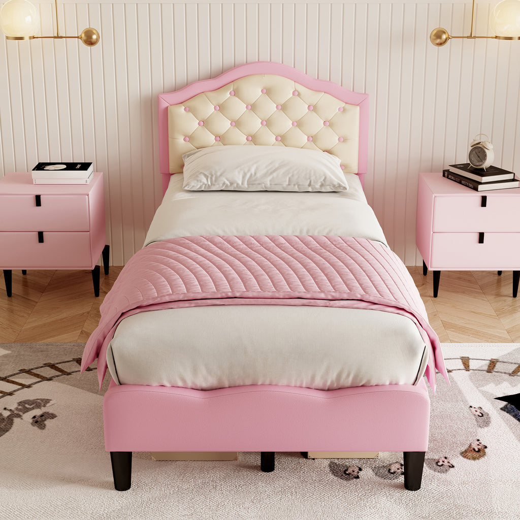 3ft Single Upholstered Bed Frame with Adjustable Chic Button-Tufted Headboard, PU Faux Leather Bed Frame with Solid Wood Slat, No Box Spring Needed, Easy Assembly, Pink+Beige (No Mattress)