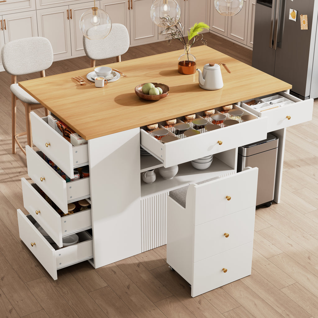 Adjustable Kitchen Island with Bar Stools - Sideboard & Cabinet with 6 Drawers, Width 140-70cm, White/Black