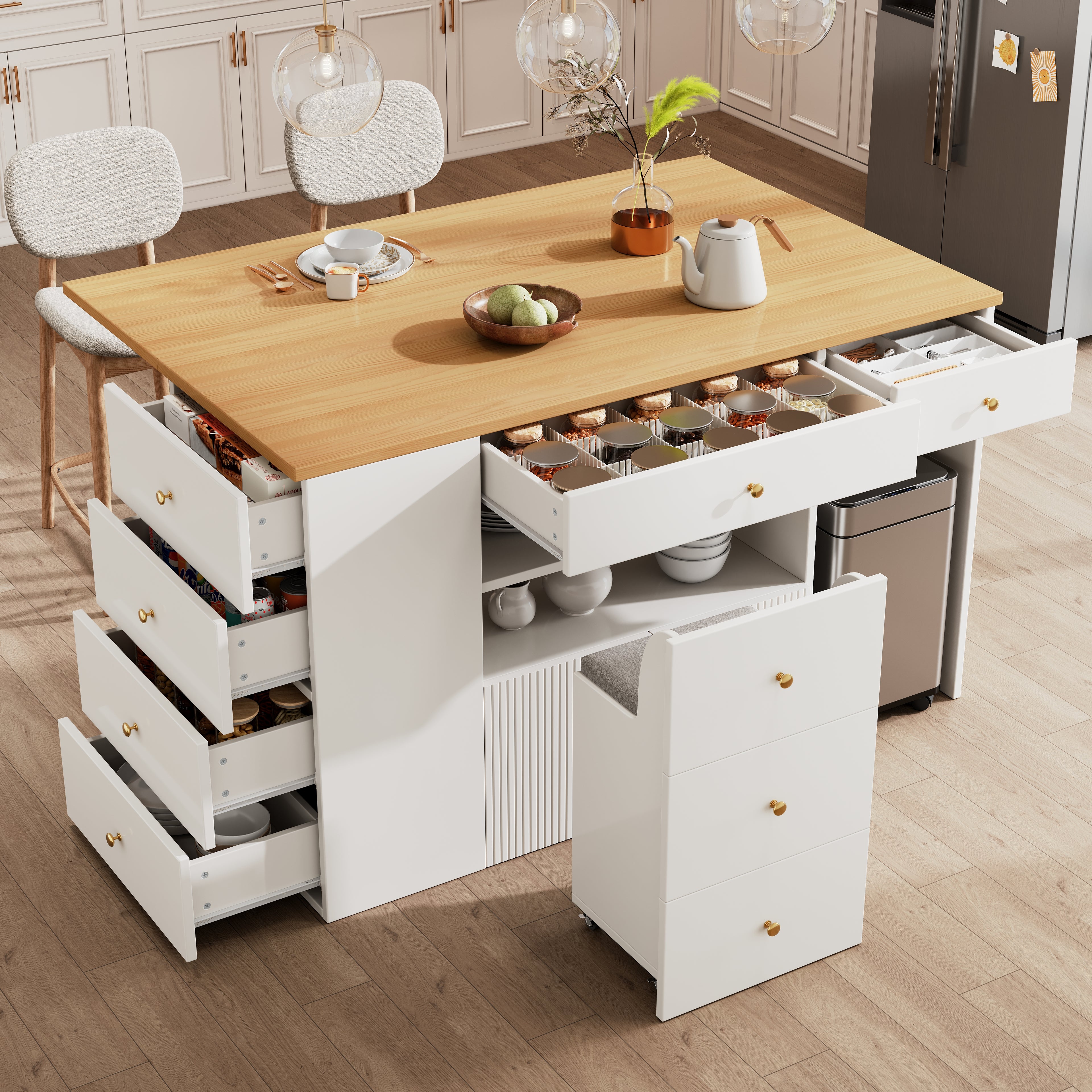 Adjustable Kitchen Island with Bar Stools - Sideboard & Cabinet with 6 Drawers, Width 140-70cm, White/Black