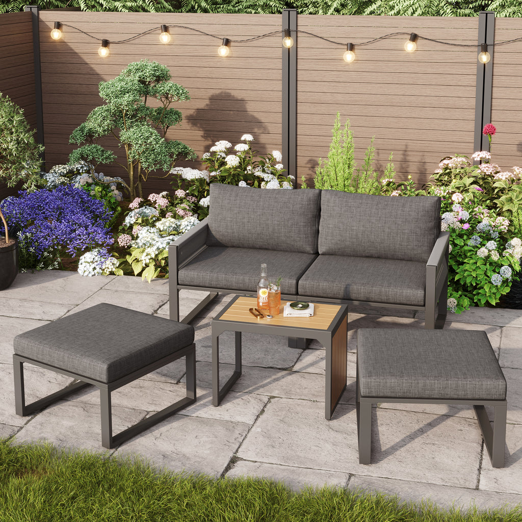 2-4 Seater Modular Garden Furniture Set with Plastic Wood Table, Flexible Corner Sofa with Polyester Rope and Waterproof Linen Fabric, Weatherproof Outdoor Patio Lounge Set, Grey