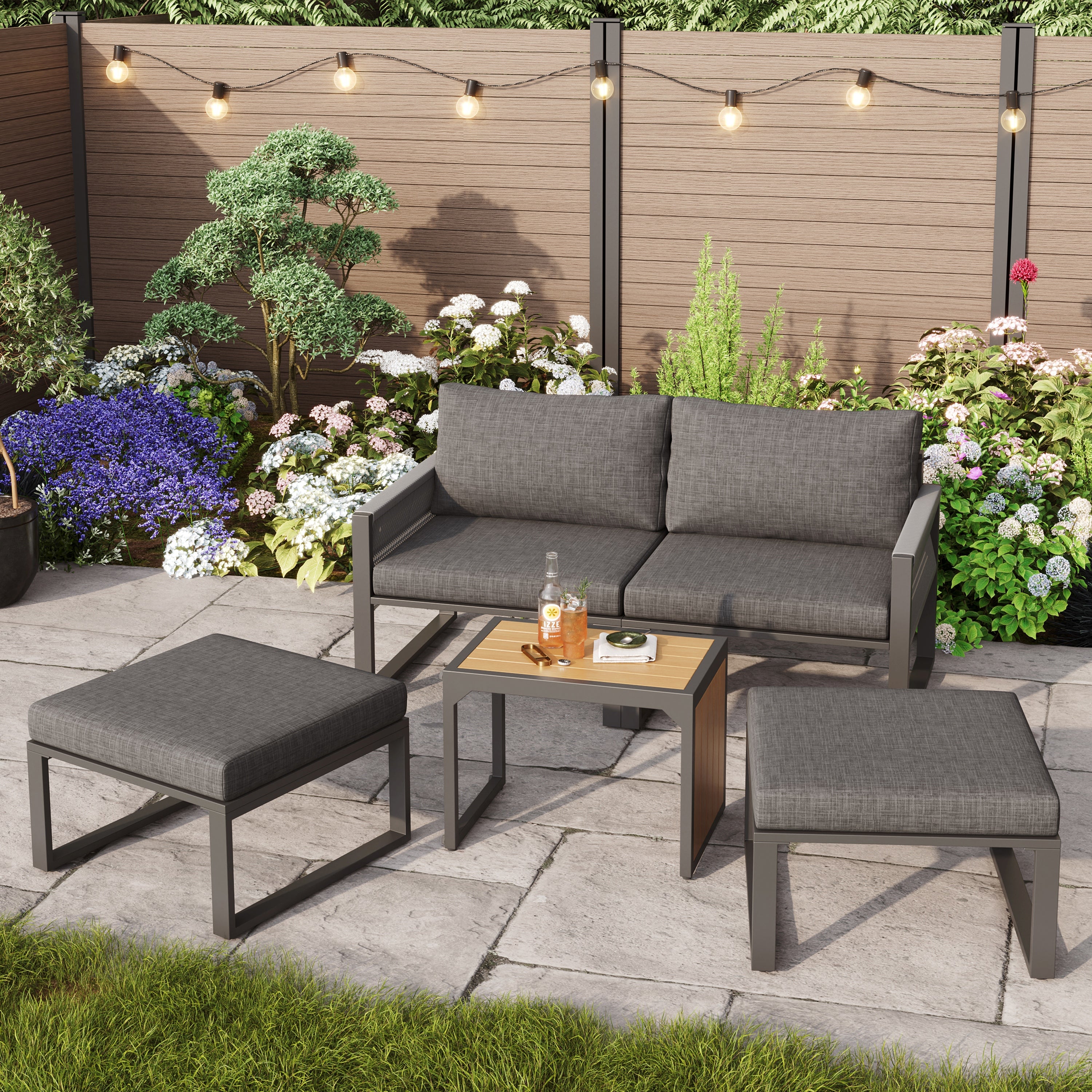 2-4 Seater Modular Garden Furniture Set with Plastic Wood Table, Flexible Corner Sofa with Polyester Rope and Waterproof Linen Fabric, Weatherproof Outdoor Patio Lounge Set, Grey