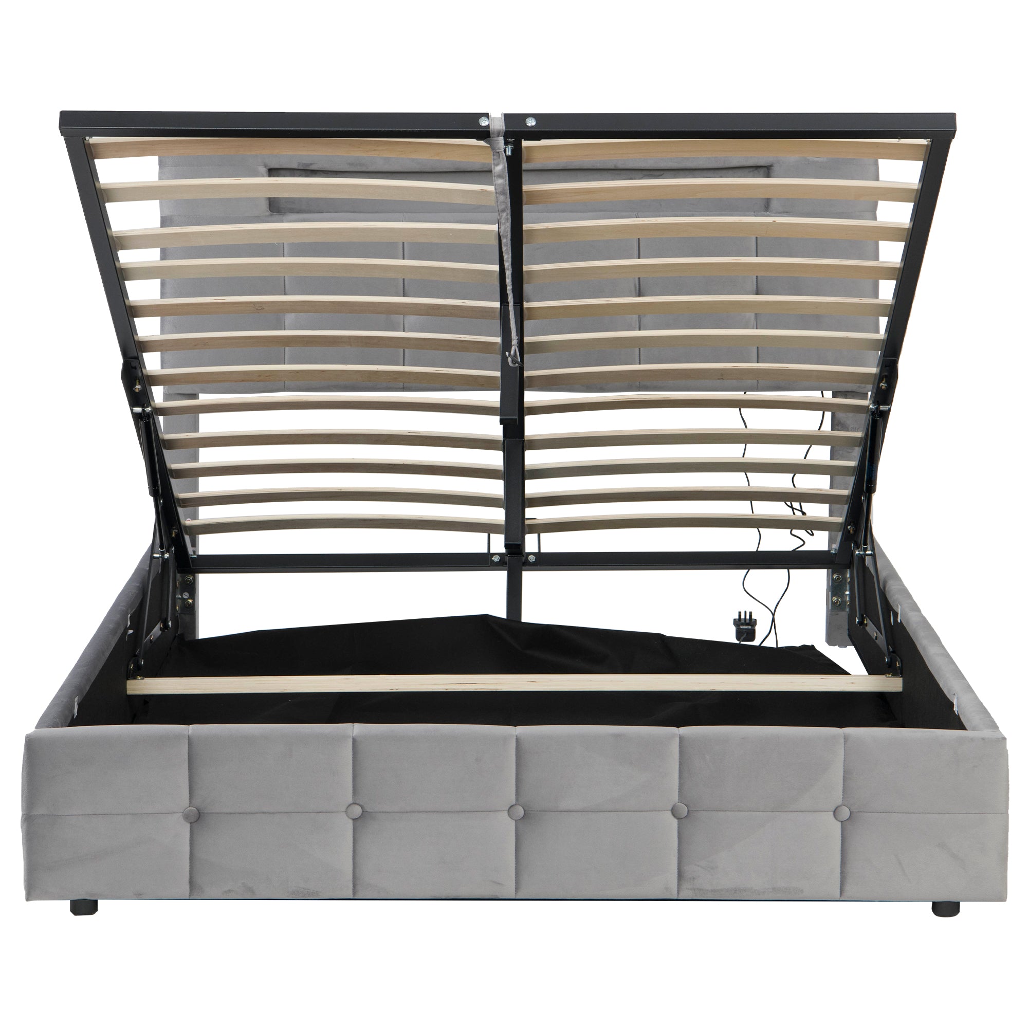 4ft6 Double Upholstered Bed Frame with Hydraulic Storage, Velvet Ottoman Bed with LED Lighting and Charging Station,  Double Bed with Adjustable Button Tufted Headboard, No Box Spring Needed, Grey