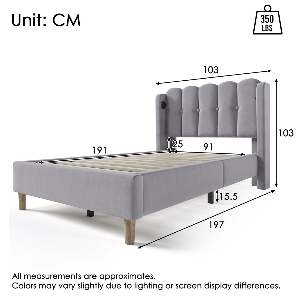 Upholstered Single Bed with USB and Type-C Charging, Bed Frame with Wooden Slatted Frame, Teenager Bed for Bedroom & Guest Room, 3ft 90 x 190 cm Bed Frame, Grey, Linen Material (No Mattress).