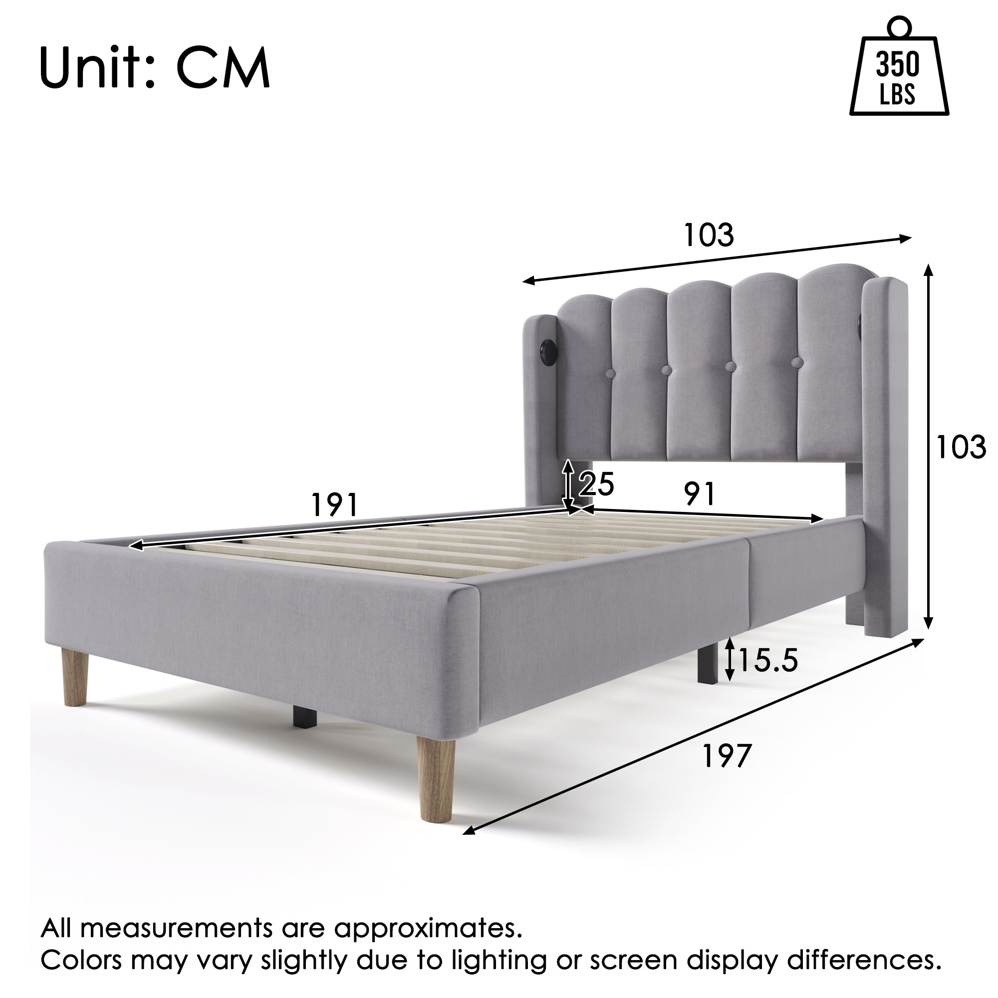 Upholstered Single Bed with USB and Type-C Charging, Bed Frame with Wooden Slatted Frame, Teenager Bed for Bedroom & Guest Room, 3ft 90 x 190 cm Bed Frame, Grey, Linen Material (No Mattress).