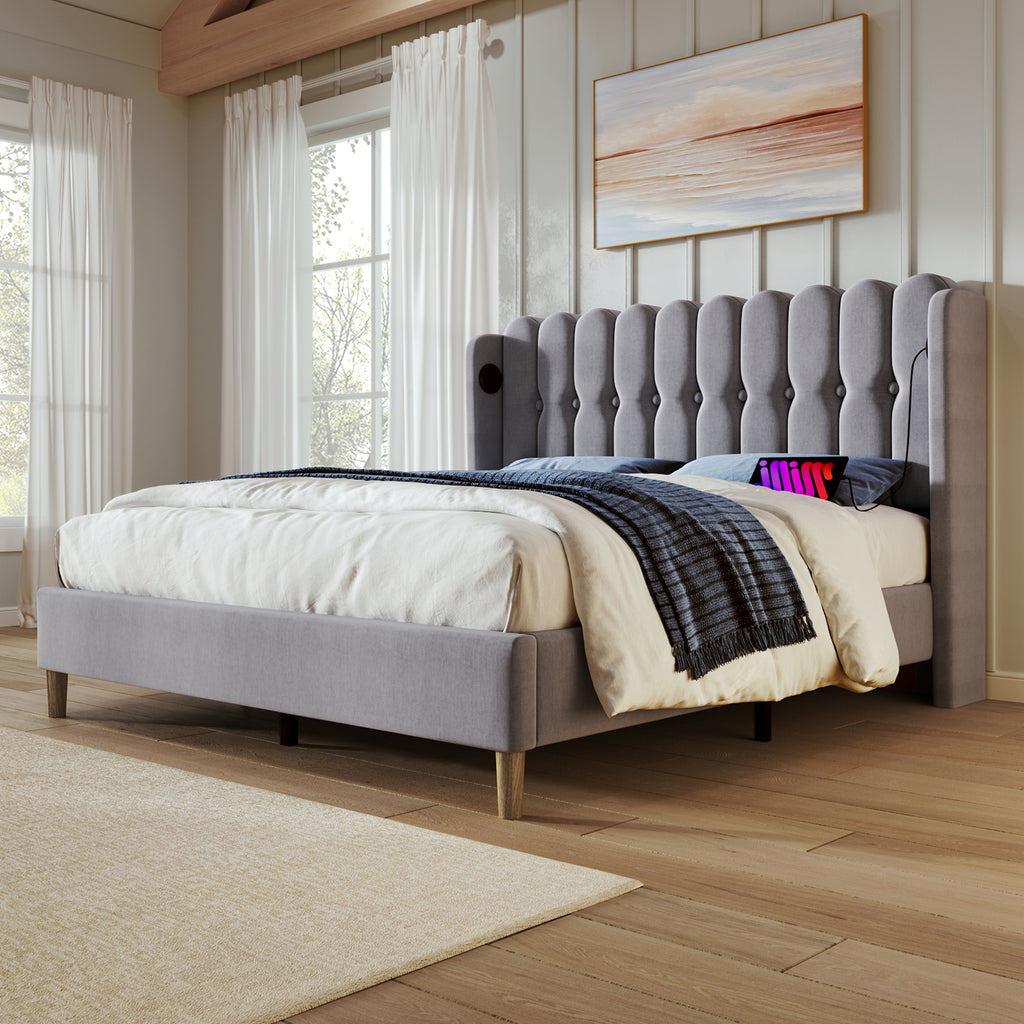 Upholstered Double Bed with USB and Type-C Charging, Bed Frame with Wooden Slatted Frame, Teenager Bed for Bedroom & Guest Room,4ft6 135 x 190 cm Bed Frame, Grey, Linen Material (No Mattress) .