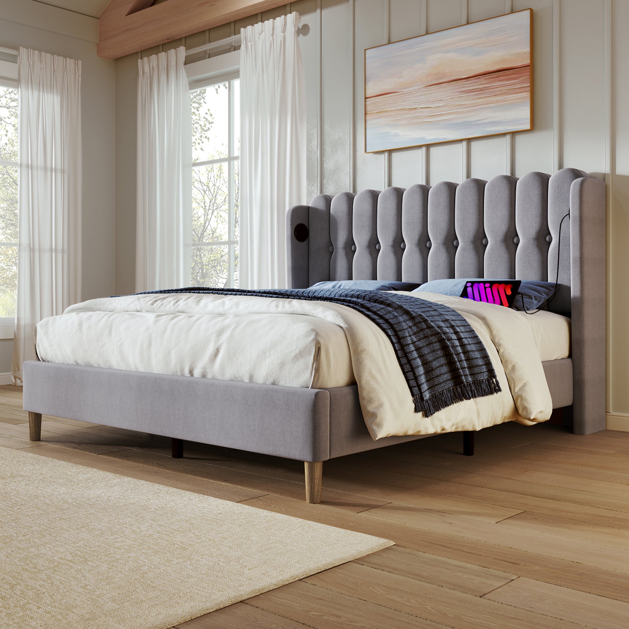 Upholstered Double Bed with USB and Type-C Charging, Bed Frame with Wooden Slatted Frame, Teenager Bed for Bedroom & Guest Room,4ft6 135 x 190 cm Bed Frame, Grey, Linen Material (No Mattress) .