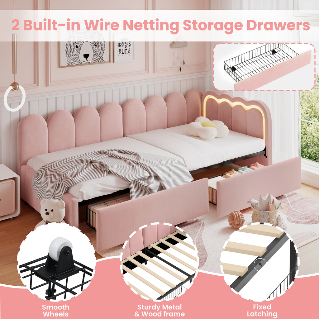 3ft Single Daybed with Smart RGB LED Lights and 2 Storage Drawers, Modern Velvet Youth Bed with Scalloped Backrest and Wooden Slats, Reversible Side Panel, Easy Assembly, Pink (No Mattress)