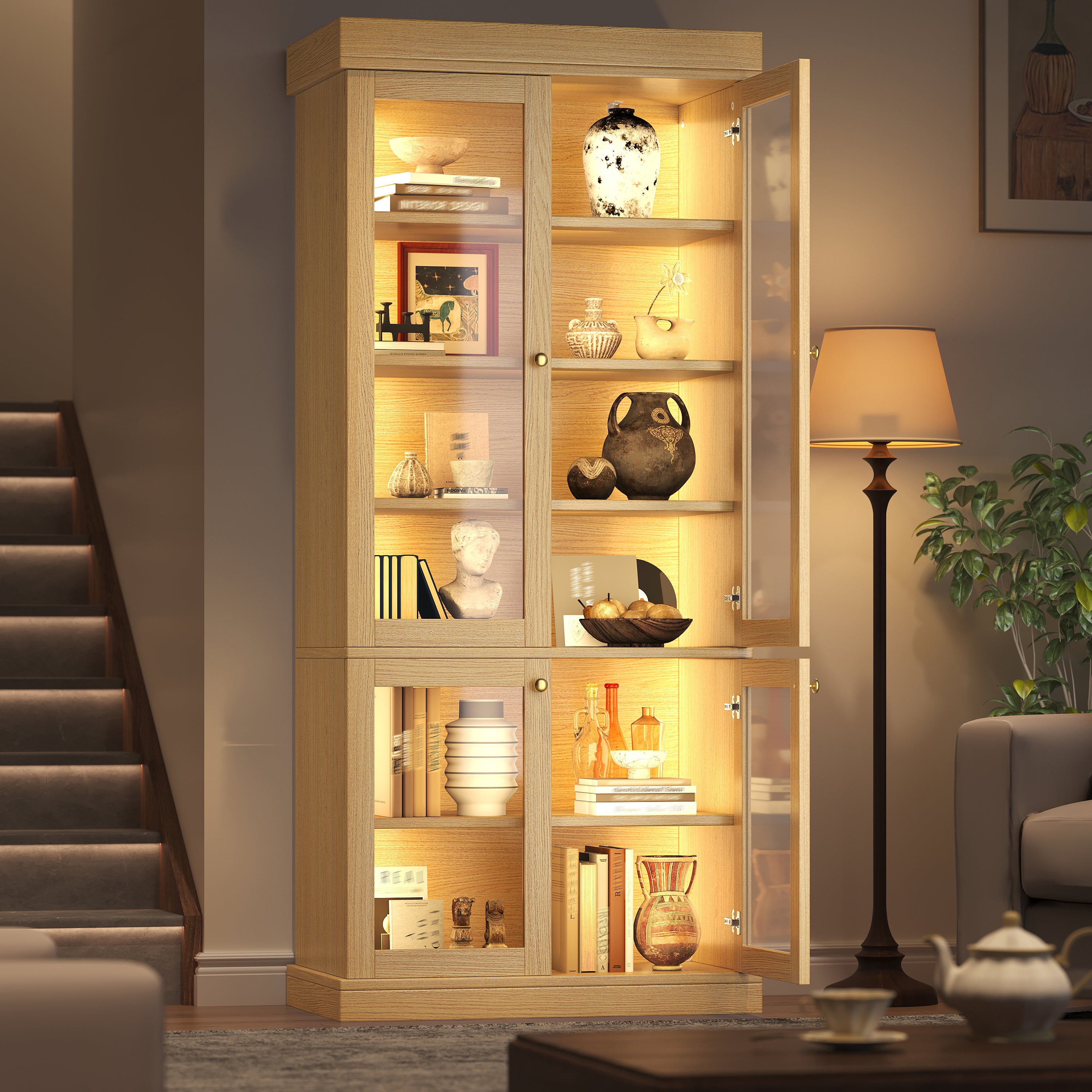 Modern freestanding cabinet with integrated LED mood lighting, glass display case, well-designed interior layout and anti-tip protection; stable, safe and versatile for the home; natural brown.
