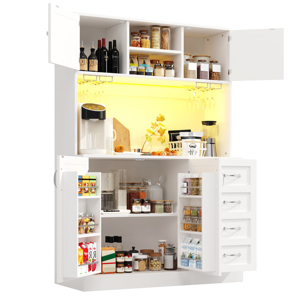 Sideboard / Storage Cabinet / Kitchen Cabinet / Buffet Cabinet, 120x40x188cm, with LED Lighting, Snack Rack & Drink Holders, 4 Doors & 2 Large Drawers, Green/White