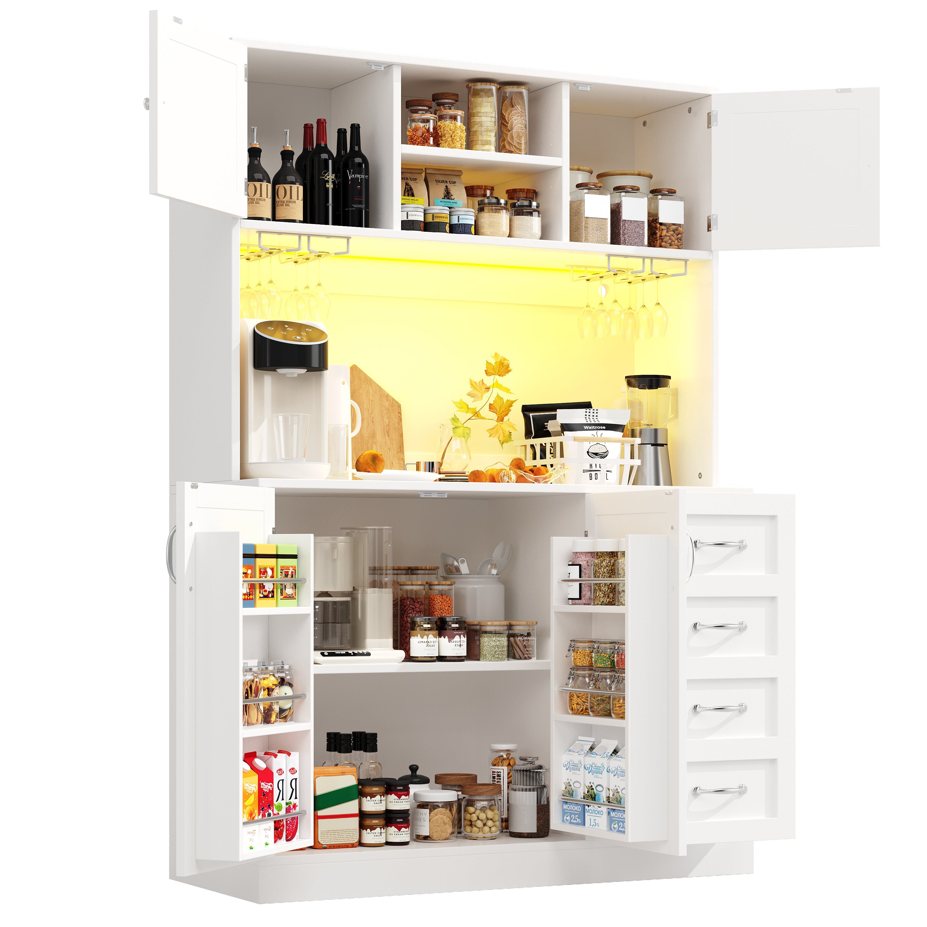 Sideboard / Storage Cabinet / Kitchen Cabinet / Buffet Cabinet, 120x40x188cm, with LED Lighting, Snack Rack & Drink Holders, 4 Doors & 2 Large Drawers, Green/White