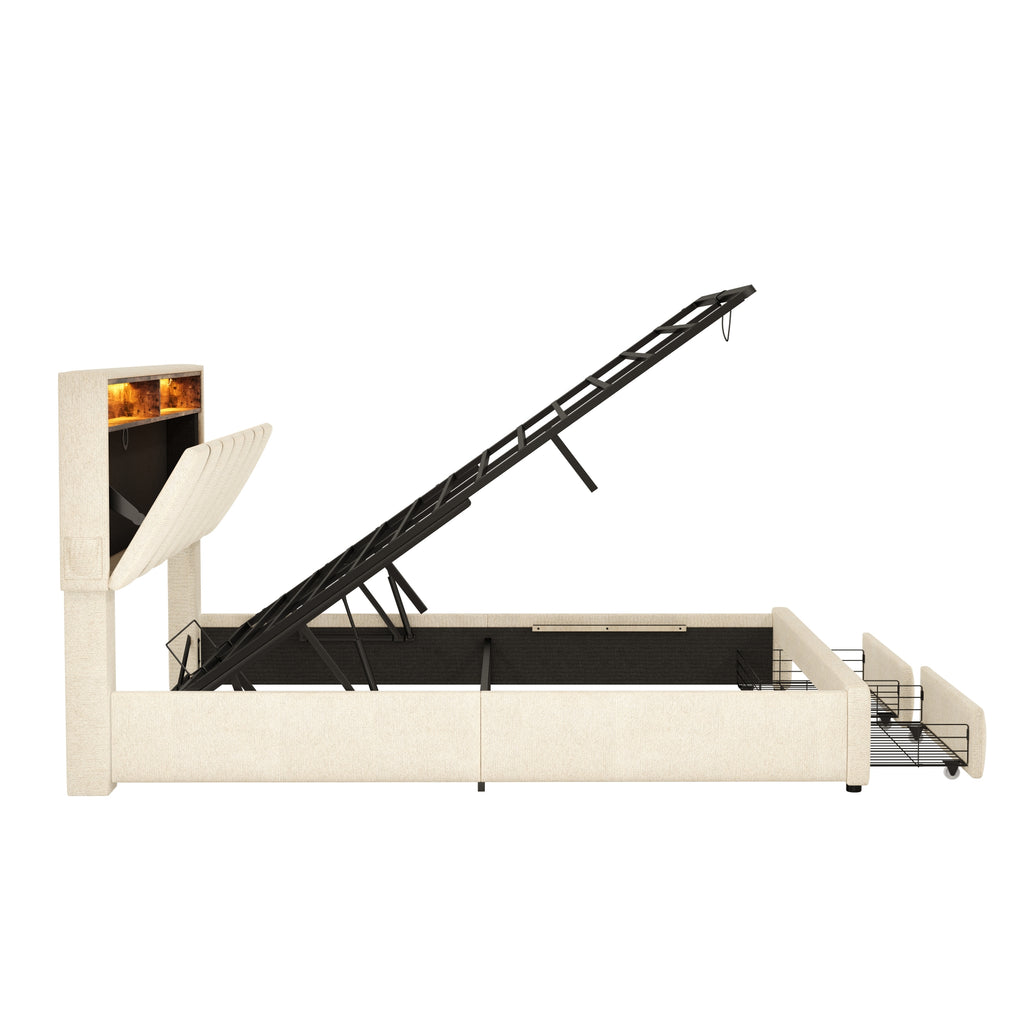 Beige Linen LED Upholstered Storage Bed with charging Station parcel 3