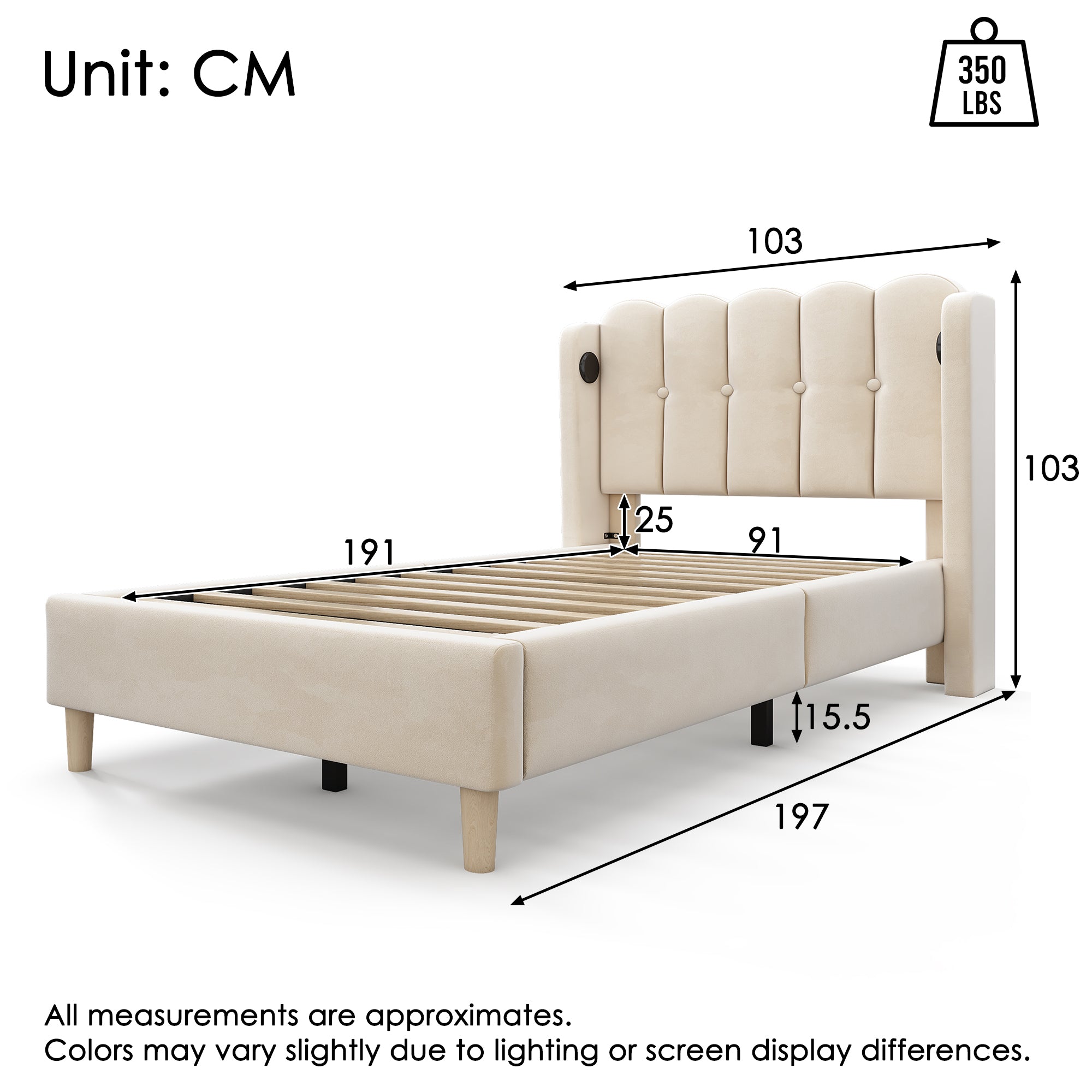 Upholstered Single Bed with USB and Type-C Charging, 3FT Bed Frame with Wooden Slatted Frame, Teenager Bed for Bedroom & Guest Room, 90 x 190 cm, Beige, Velvet (No Mattress)