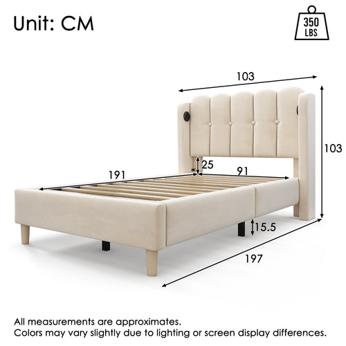 Upholstered Single Bed with USB and Type-C Charging, 3FT Bed Frame with Wooden Slatted Frame, Teenager Bed for Bedroom & Guest Room, 90 x 190 cm, Beige, Velvet (No Mattress)