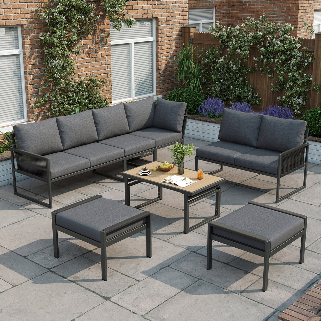 7-8 Seater Outdoor Garden Set with Height Adjustable Coffee Table and Compact Seater Stools, Corner Sofa with Polyester Rope, Weatherproof Outdoor Patio Dining Lounge Set for Balcony and Terrace, Grey