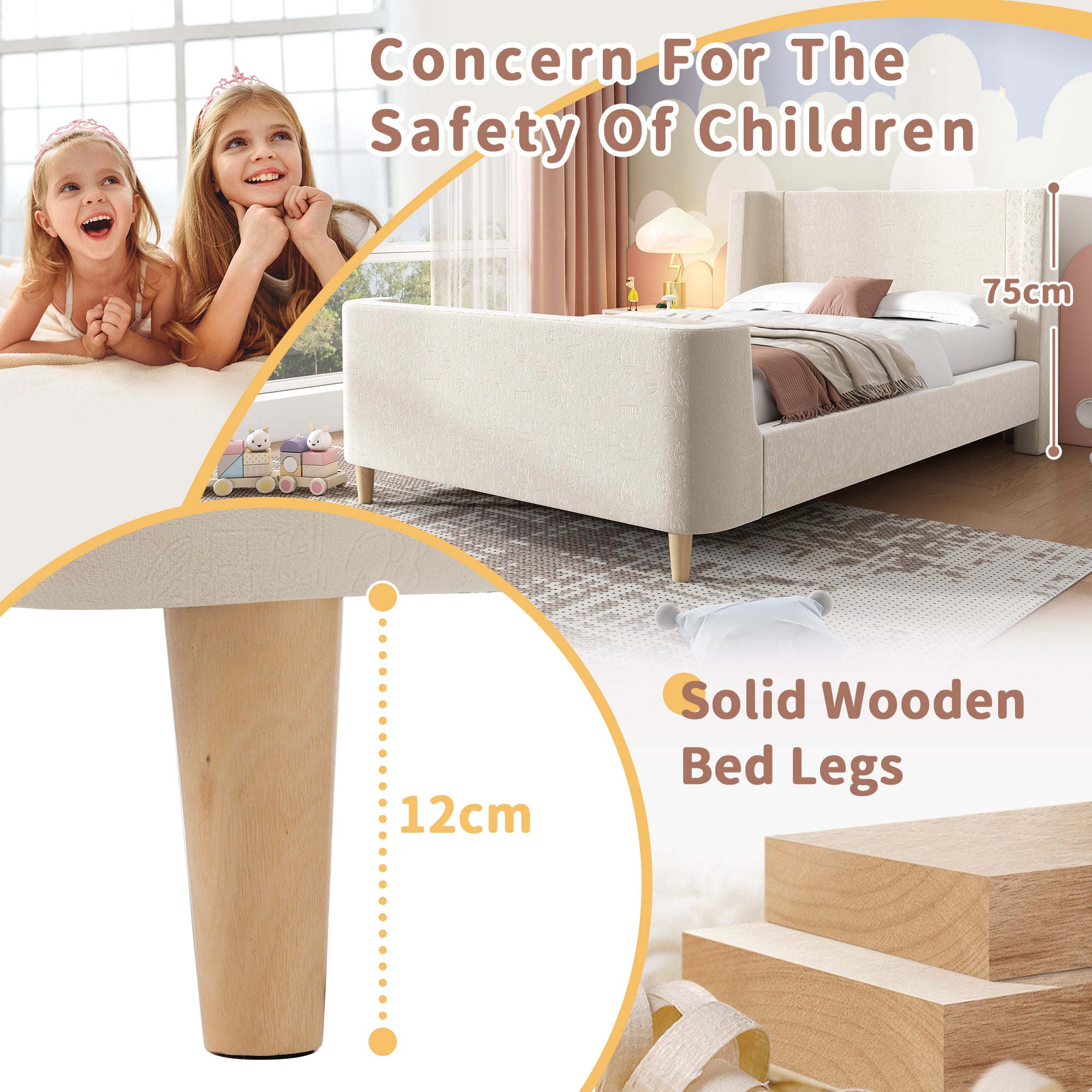 3FT Upholstered Bed, 90 x 190 cm Single Bed with Cosmic Pattern, Sleigh-style Teen Bed, Bed Frame for Boys and Girls, Beige, Velvet (Without Mattress)