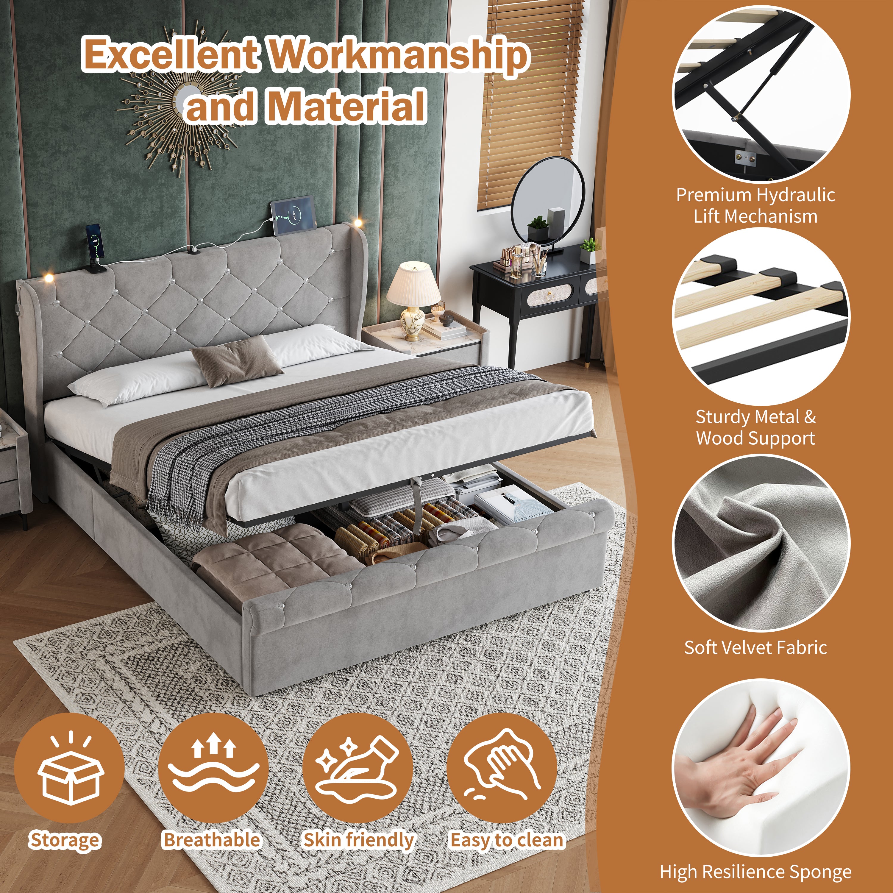 4ft6 Double Upholstered Bed Frame with Hydraulic Storage,  Diamond Tufted Headboard with Charging Station and Reading Light, USB and Type - C Ports, Velvet, Grey (No Mattress)
