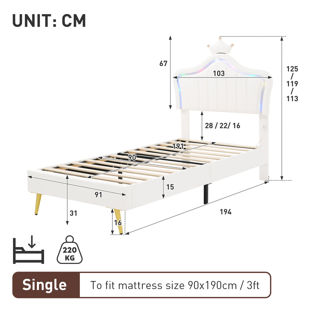 3ft Single Upholstered Bed with LED Adjustable Crown Shape Headboard, PU Leather Bed Frame with Solid Wood Slat, No Box Spring Needed, Easy Assembly, Cream White (No Mattress)