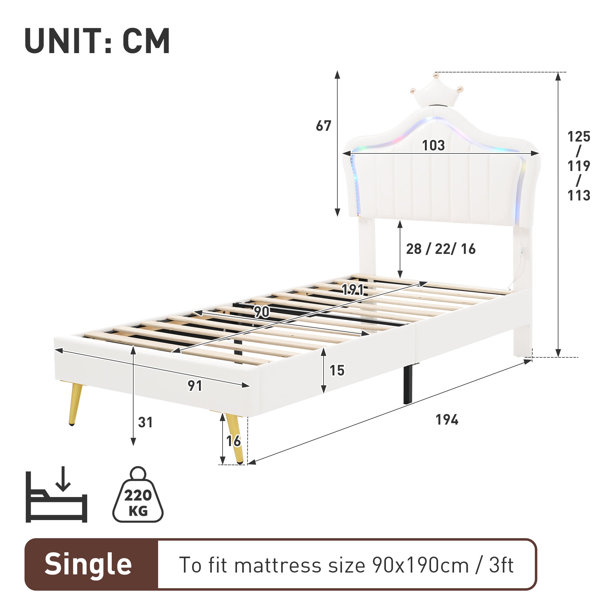3ft Single Upholstered Bed with LED Adjustable Crown Shape Headboard, PU Leather Bed Frame with Solid Wood Slat, No Box Spring Needed, Easy Assembly, Cream White (No Mattress)