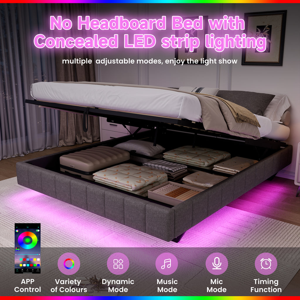 4ft6 Double Floating Bed Frame with Hydraulic Under-bed Storage & Smart RGB LED Lights, No Headboard Upholstered Bed with Concealed Anti-Collision Leg, Linen Fabric, Grey (No Mattress)