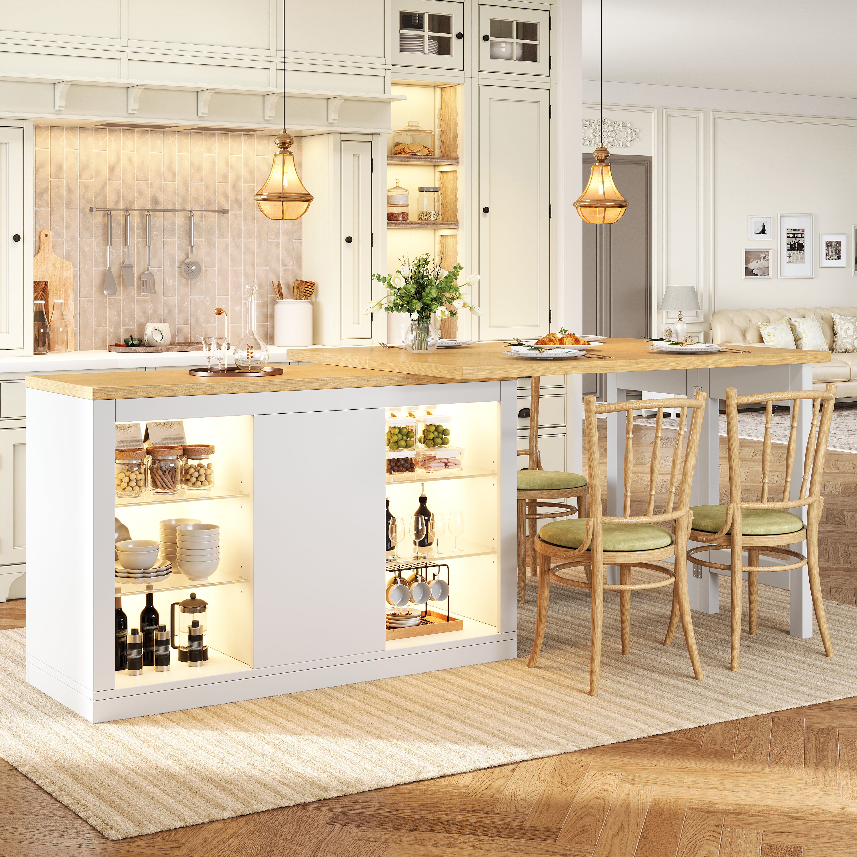 Extendable Sideboard with LED Lights, 120-197 cm Adjustable Dining Table with Storage, Kitchen cabinet with glass shelves & snack rack, White/Black