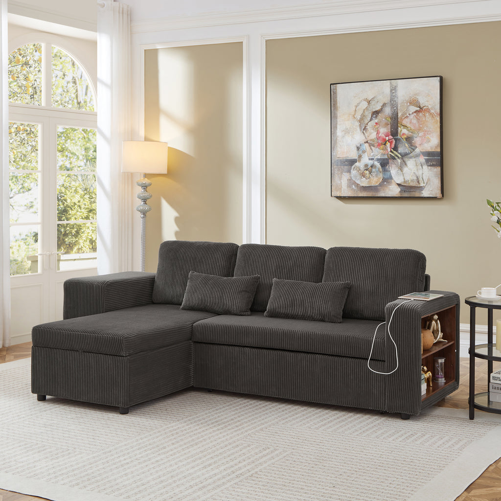 Modern L-Shaped Convertible Sofa Bed, 3-in-1 Convertible Sofa Bed with Internal Storage Chaise, Nesting Footstools, Integrated Charging Station & Adjustable Armrest Side Storage, Corduroy Fabric, Grey