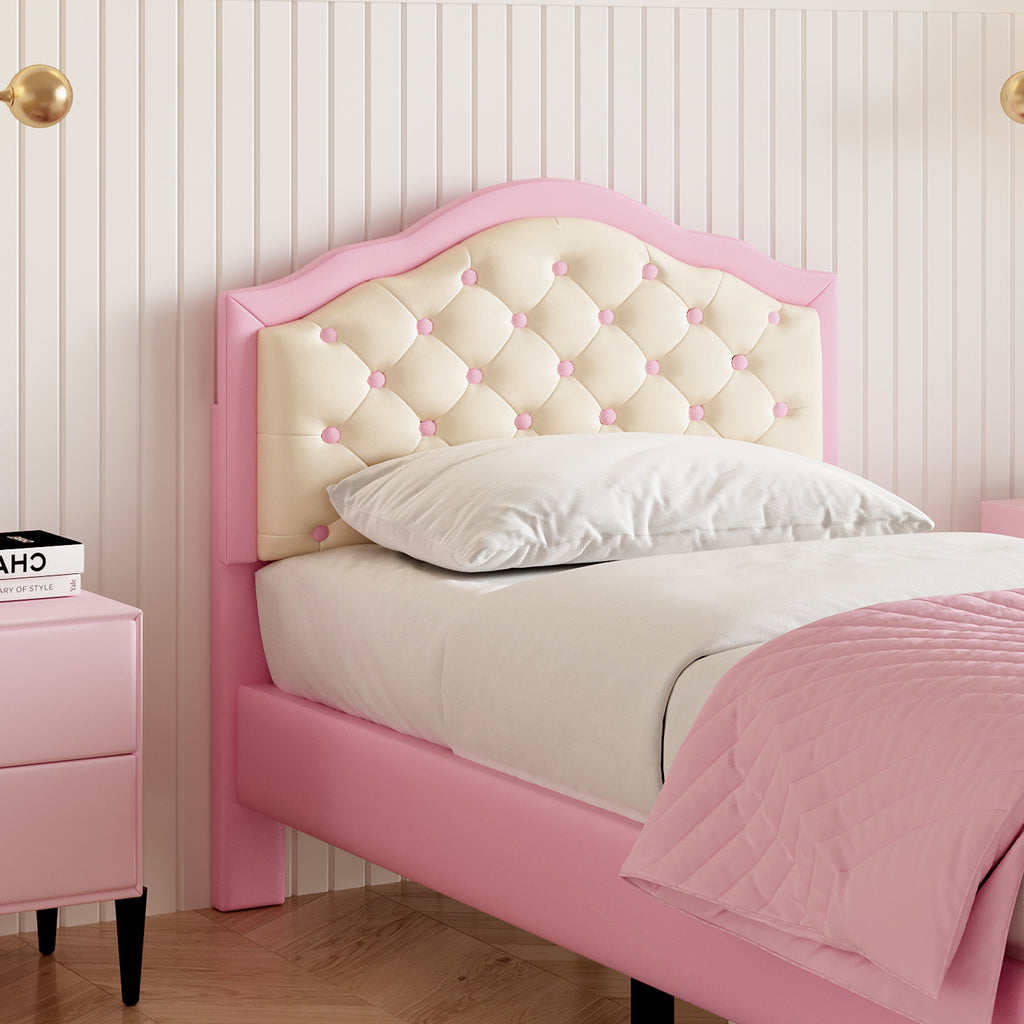 3ft Single Upholstered Bed Frame with Adjustable Chic Button-Tufted Headboard, PU Faux Leather Bed Frame with Solid Wood Slat, No Box Spring Needed, Easy Assembly, Pink+Beige (No Mattress)