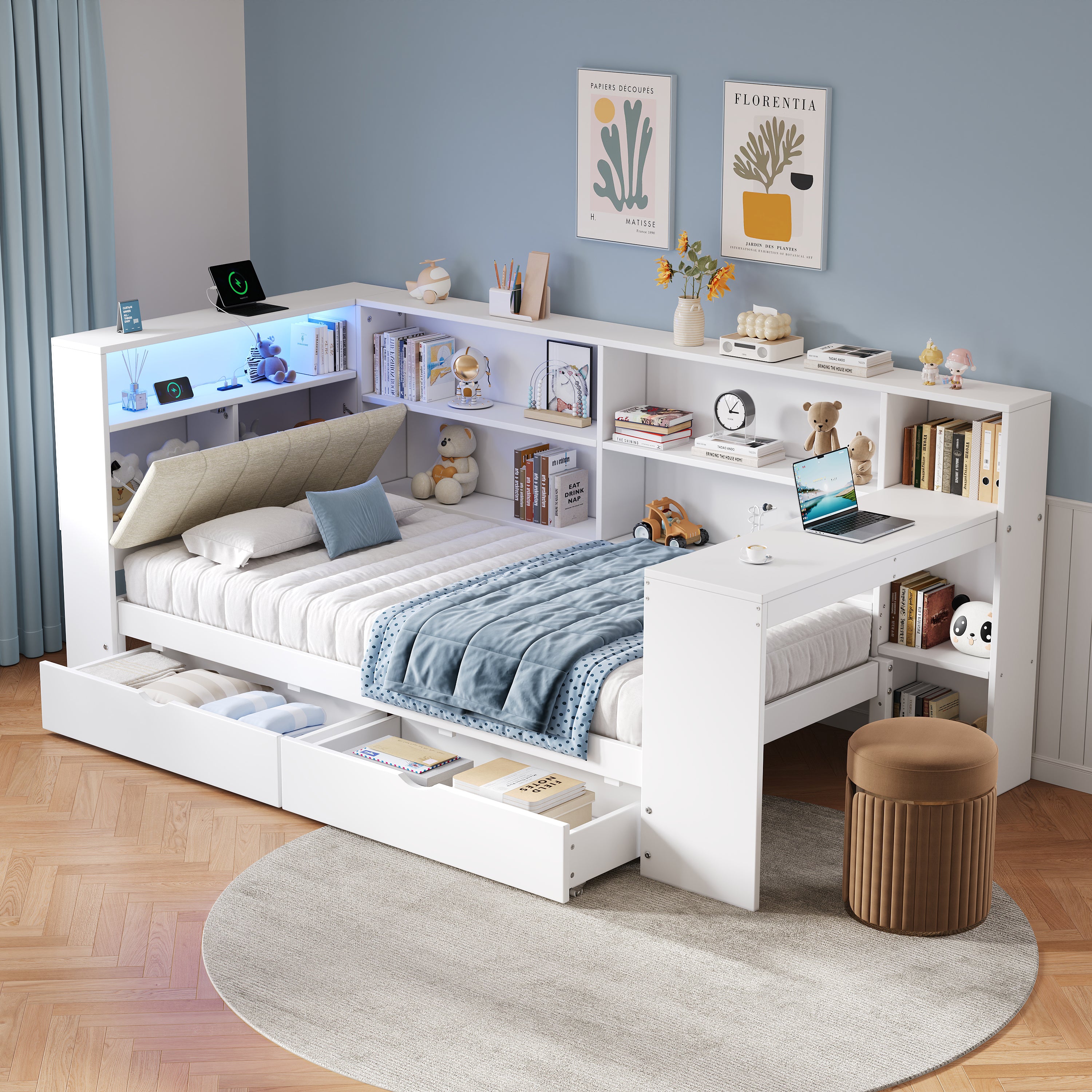 3ft Single L-Shape Daybed with Storage Drawers and Bookcase Storage, LED Linen Concealed Headboard Storage with Charging Station, Wood Bed for Living Room/ Bedroom/ Study Room, White (No Mattress)