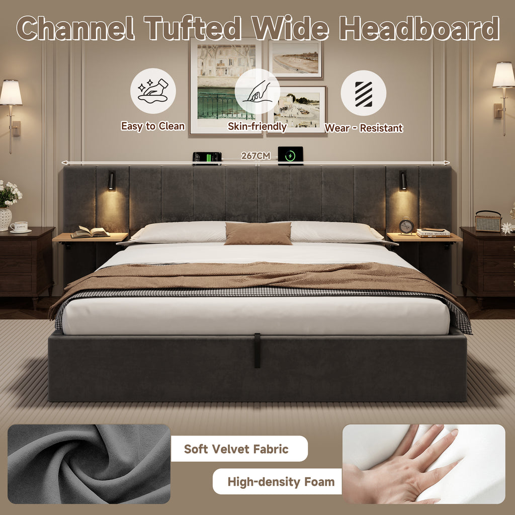Super King Upholstered Bed with Charging Station, Velvet Hydraulic Storage Bed with Reading Light, 6ft King Bed Frame with Channel Tufted Headboard and Adjustable Bedside Shelf, Grey (No Mattress)