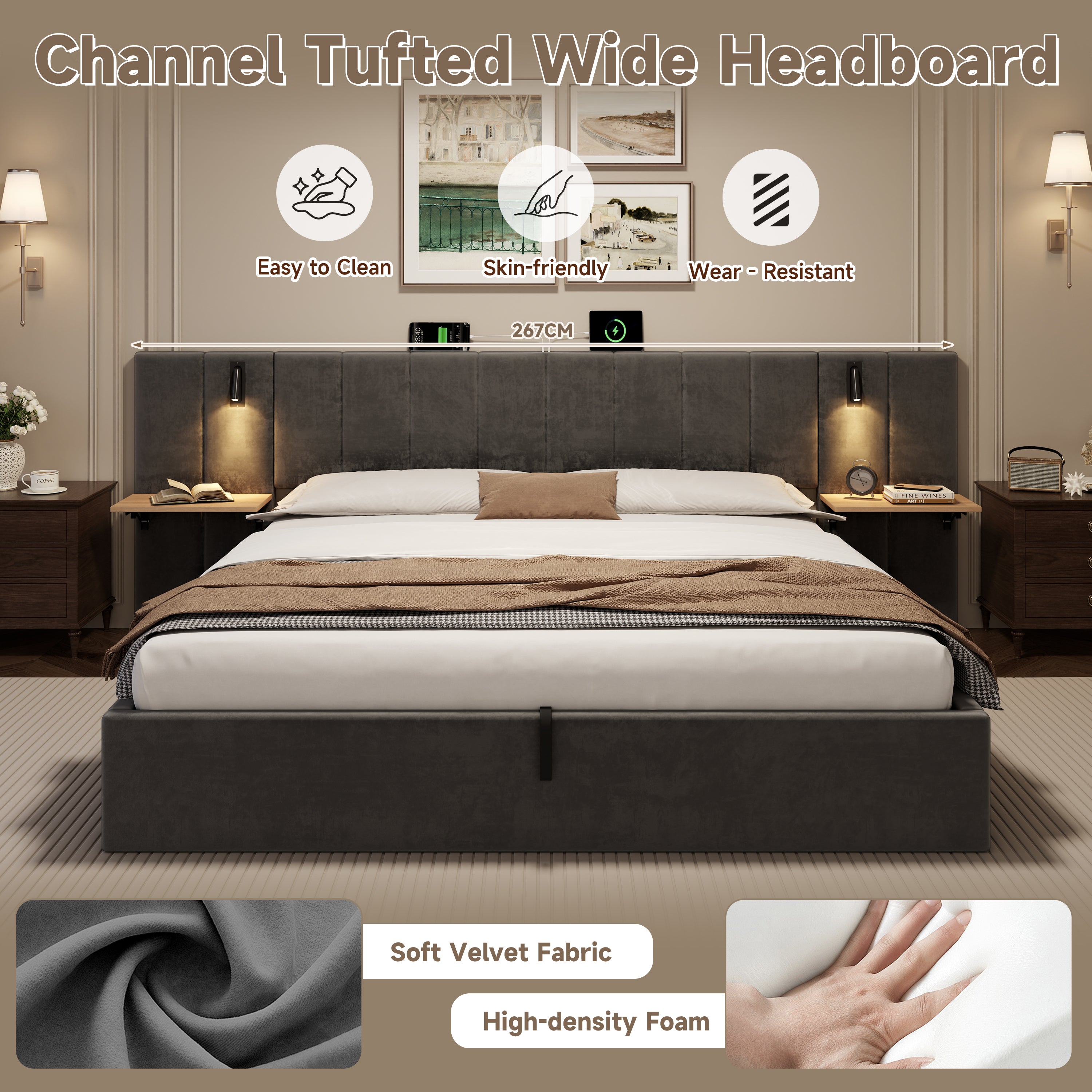 Super King Upholstered Bed with Charging Station, Velvet Hydraulic Storage Bed with Reading Light, 6ft King Bed Frame with Channel Tufted Headboard and Adjustable Bedside Shelf, Grey (No Mattress)