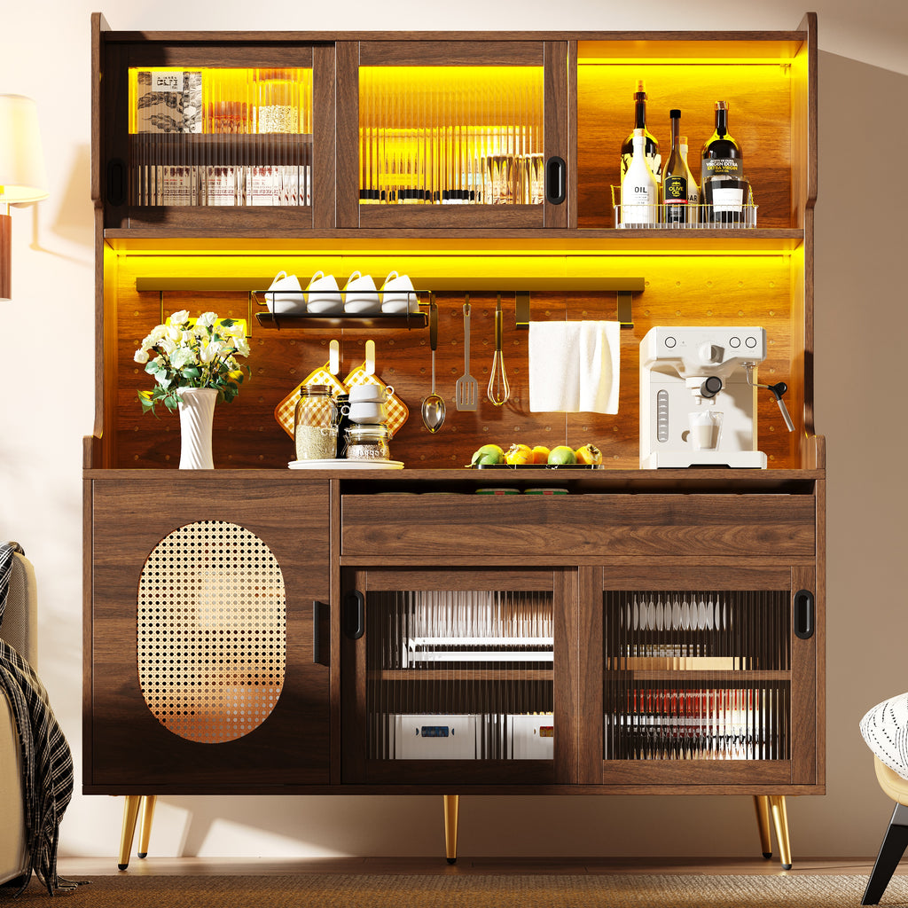 Sideboard / Storage Cabinet / Kitchen Cabinet / Buffet, 145x39x171cm, Country Style, 5 Doors, with LED Light Strip & Pegboard, Fluted Glass Doors, Brown/Black